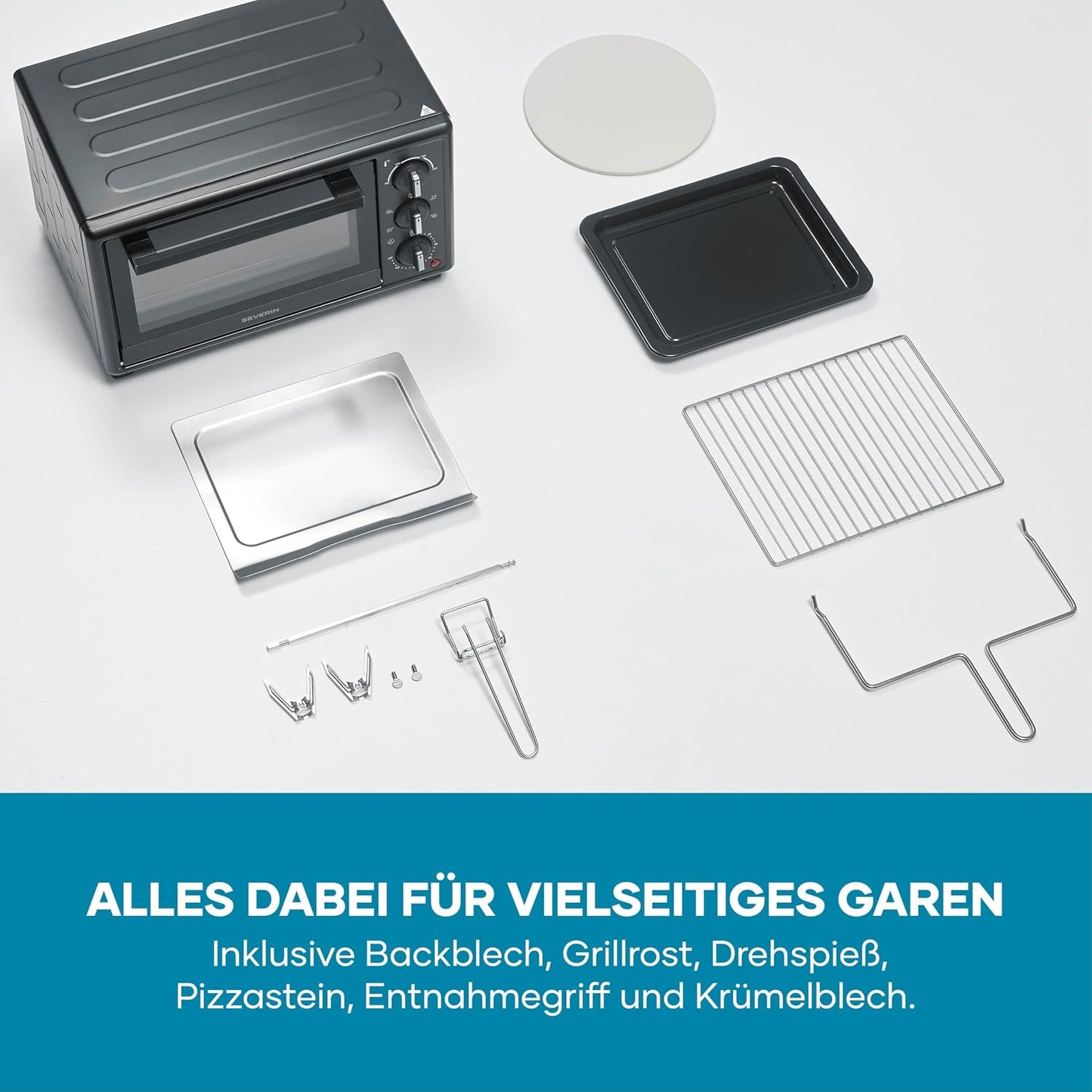 Back- und Toastofen mit Umluftfunktion, 20L, inkl. Pizzastein, NEU 2026: 20L, inkl. Drehspiess & Pizzastein