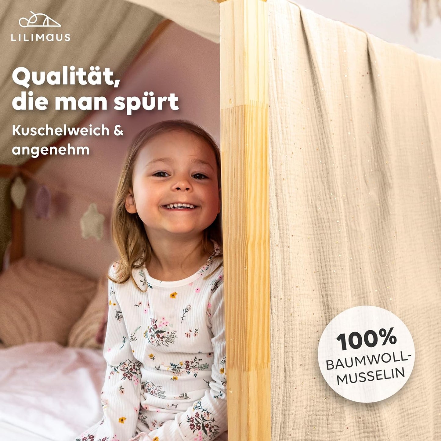 Betthimmel für Hausbett, Creme mit Gold 135 x 360cm
