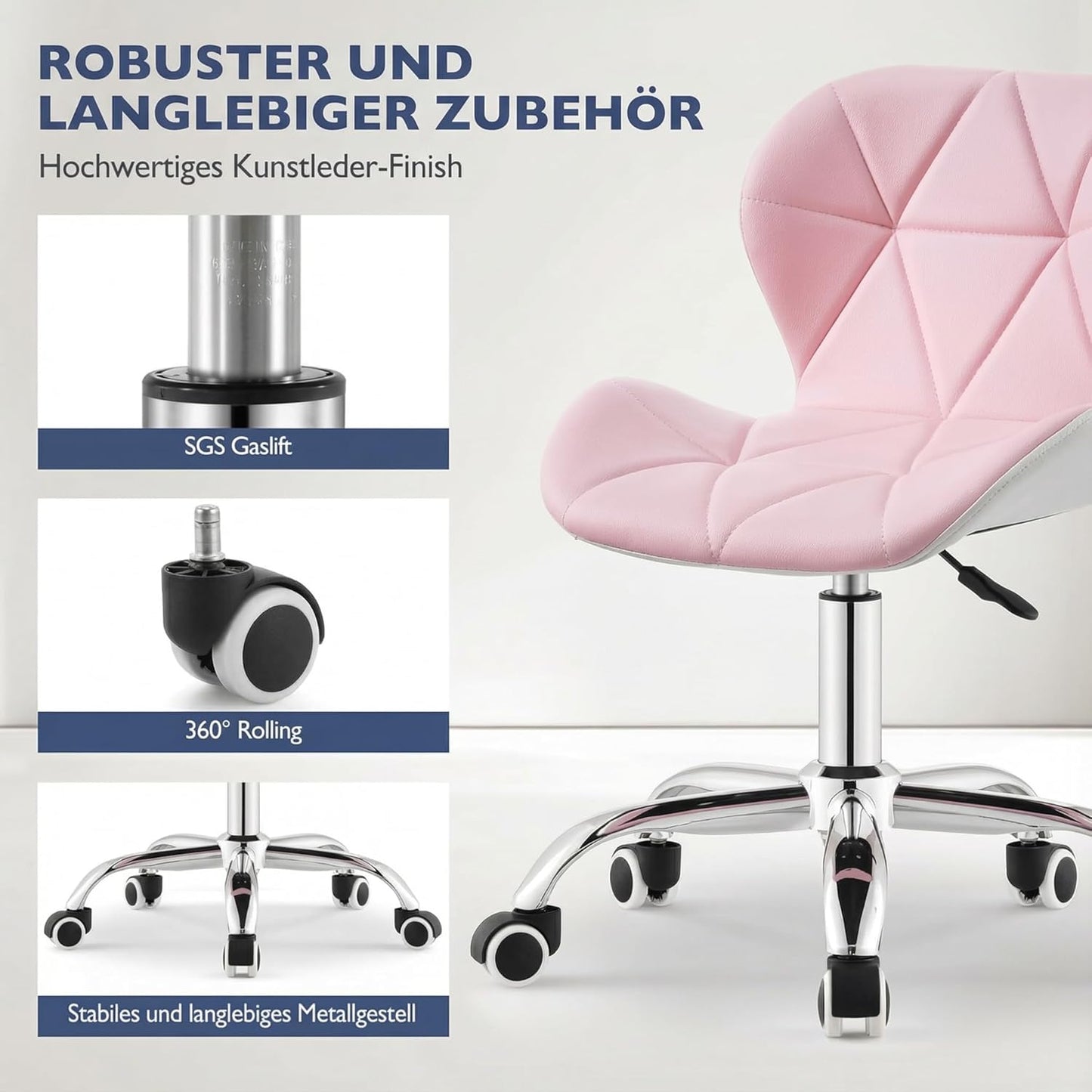 Ergonomischer Drehstuhl ohne Armlehnen, Rosa + Weiss Kunstleder