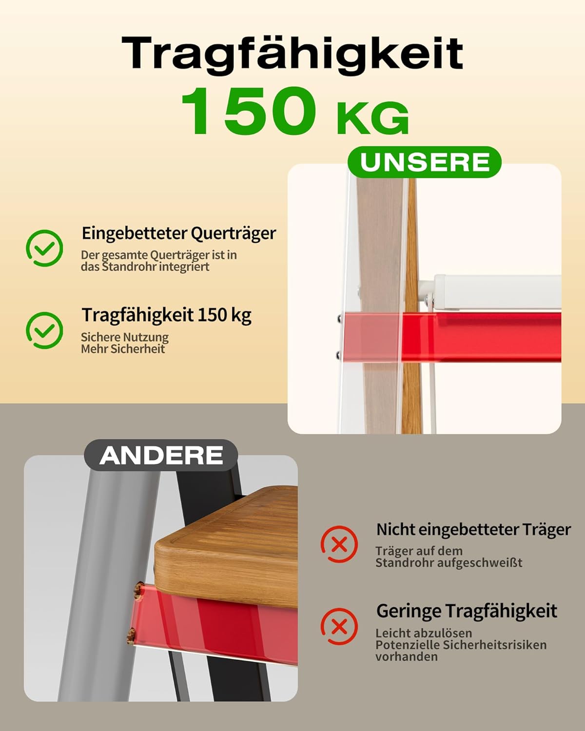 Klappbare Trittleiter 3 Stufen, 150 kg Kapazität, Weiss Holz Optik 3 Stufen