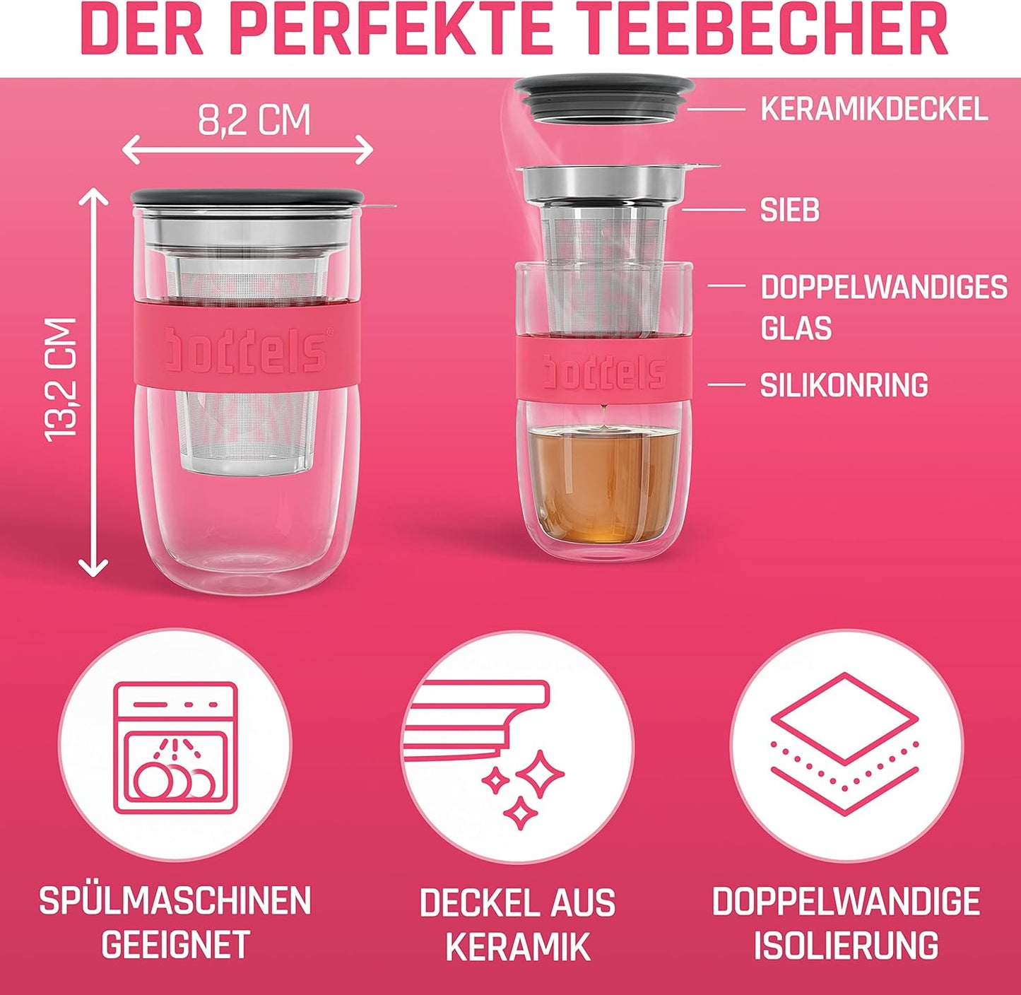 Teeglas mit Sieb und Deckel, Himbeerrot