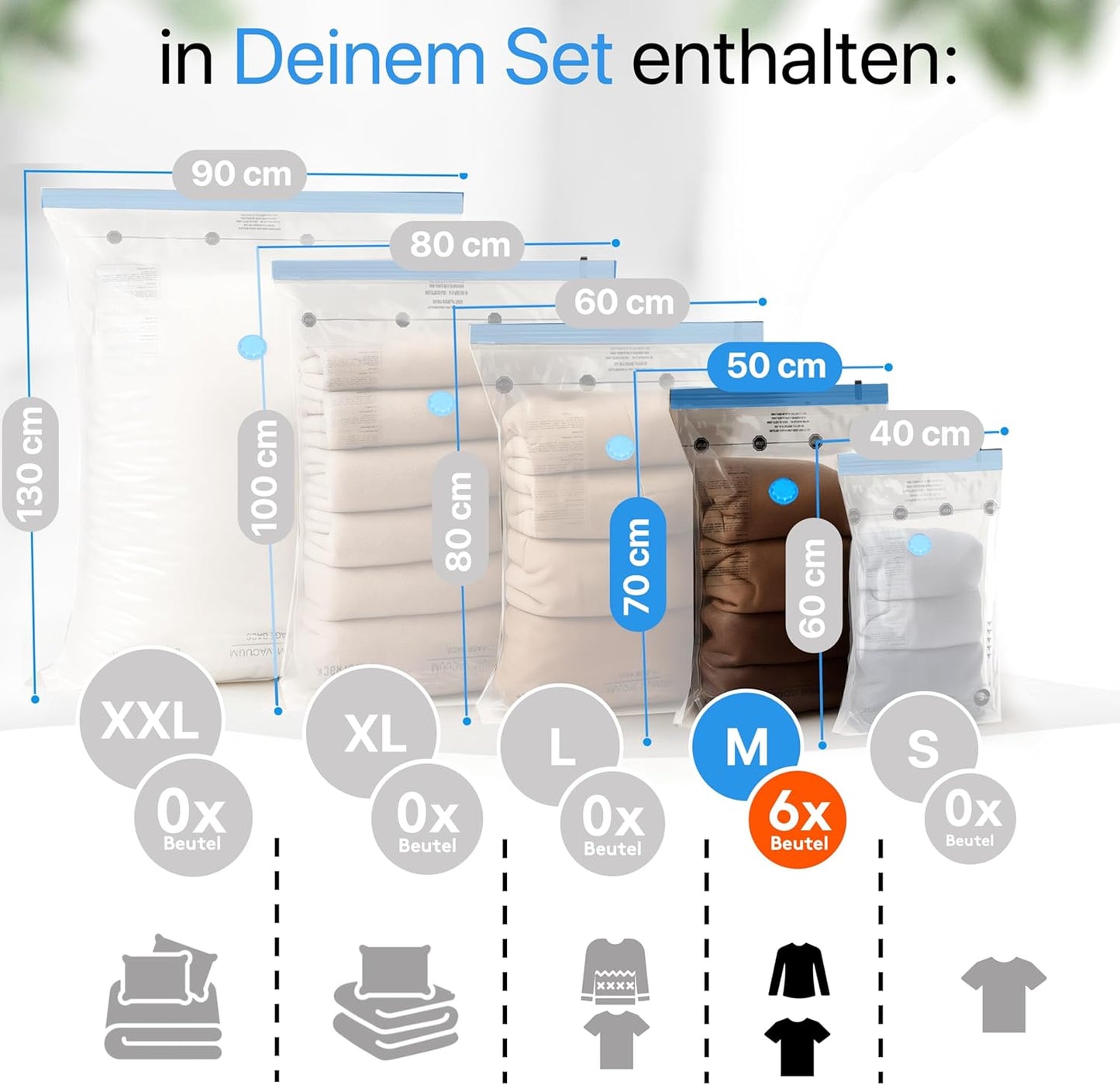 Vakuumbeutel-Set für Kleidung, 50x70 cm, 6x Beutel - (6xM (50x70 cm))