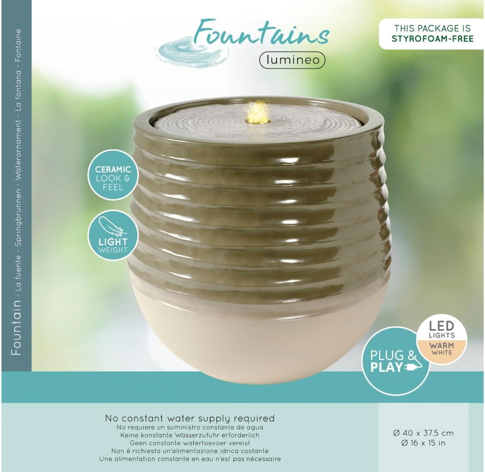 LED Gartenbrunnen mit Warmweiss-Beleuchtung, Salbeigrün ⌀ 40 cm, Höhe 37,5 cm
