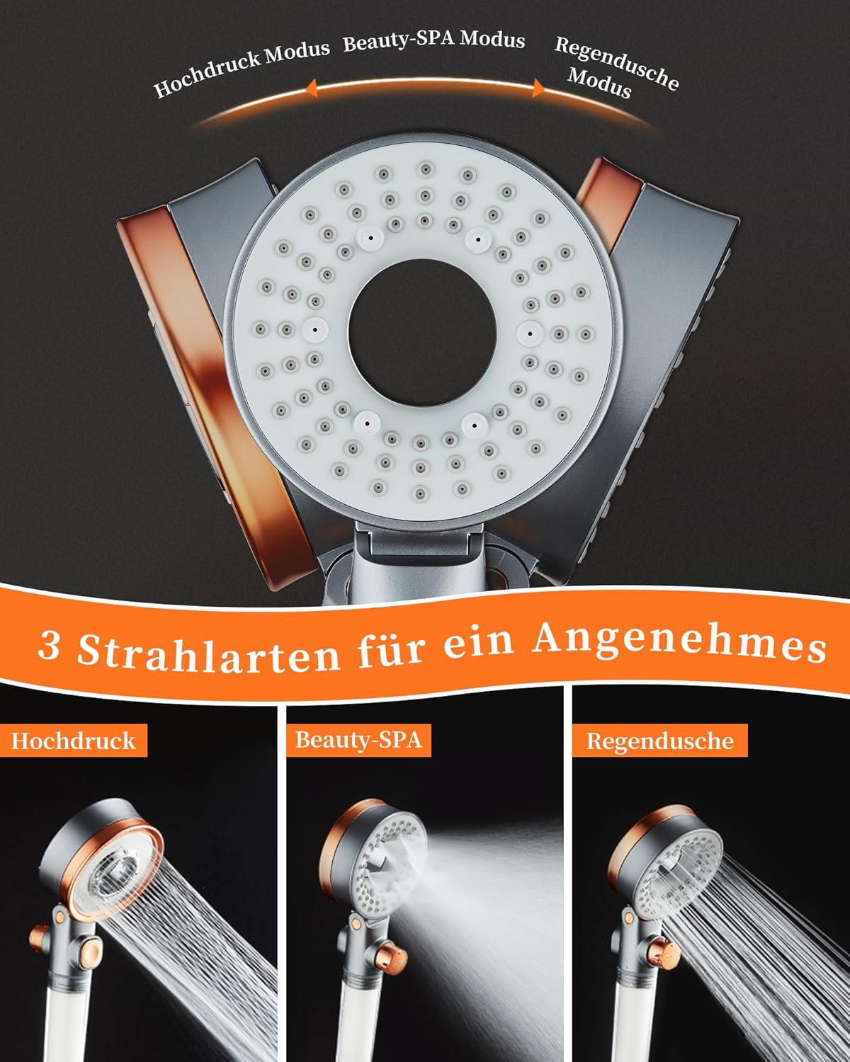 Wassersparender Duschkopf mit 3 Strahlarten, Beauty-SPA