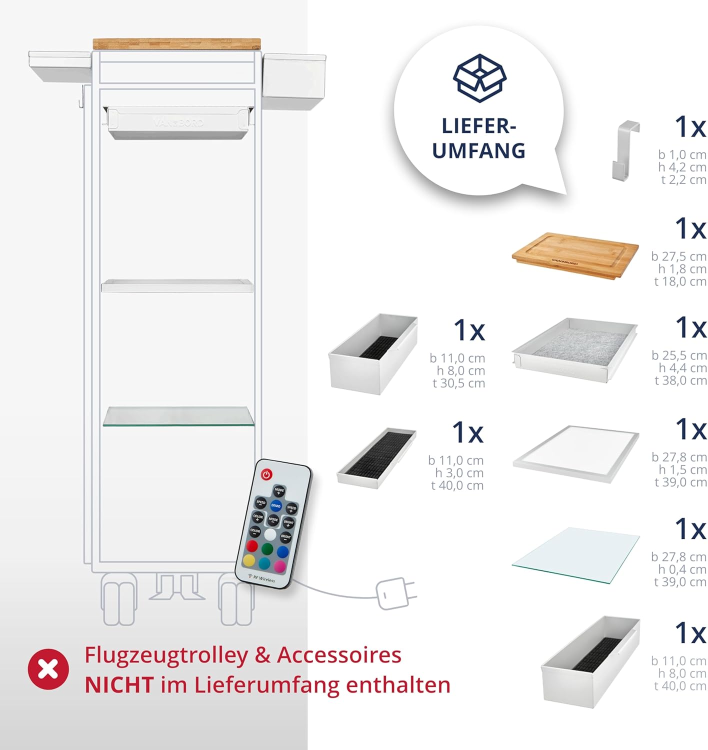 Ausstattungspaket für Flugzeugtrolleys inkl. Sideboxen, KSSU-Norm, Aluminium (+ 3x Sidebox & 3x Barmatte) KSSU