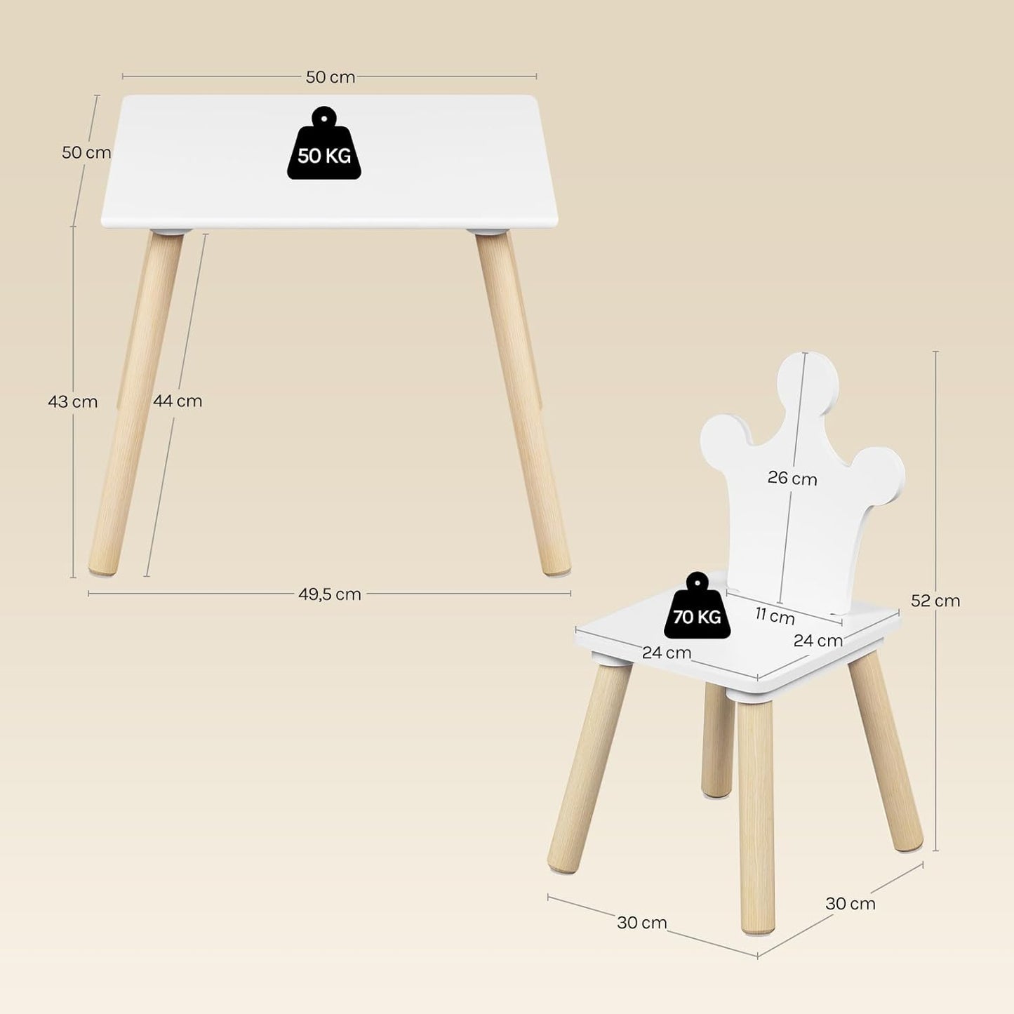 Kindertisch-Set mit 2 Stühlen, MDF/Massivholz, Quadratischen Tisch-1