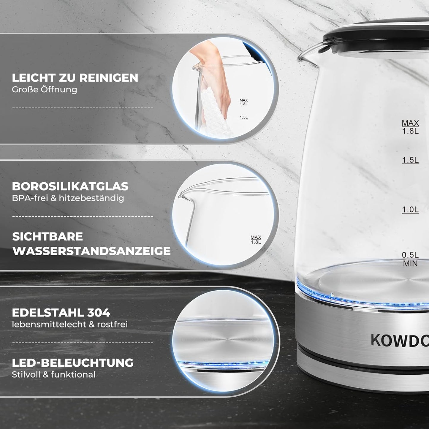Glas-Wasserkocher 1,8L mit LED-Beleuchtung