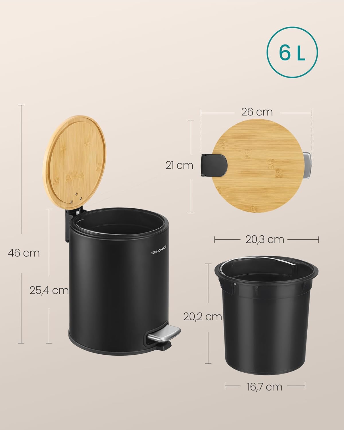 Kosmetikeimer mit Bambusdeckel, 6 Liter, Tintenschwarz 6 L