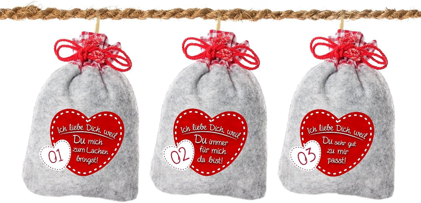 Adventskalender Säckchen-Set mit Liebesbotschaften, Mit Kokosschnur 10 x 15 cm