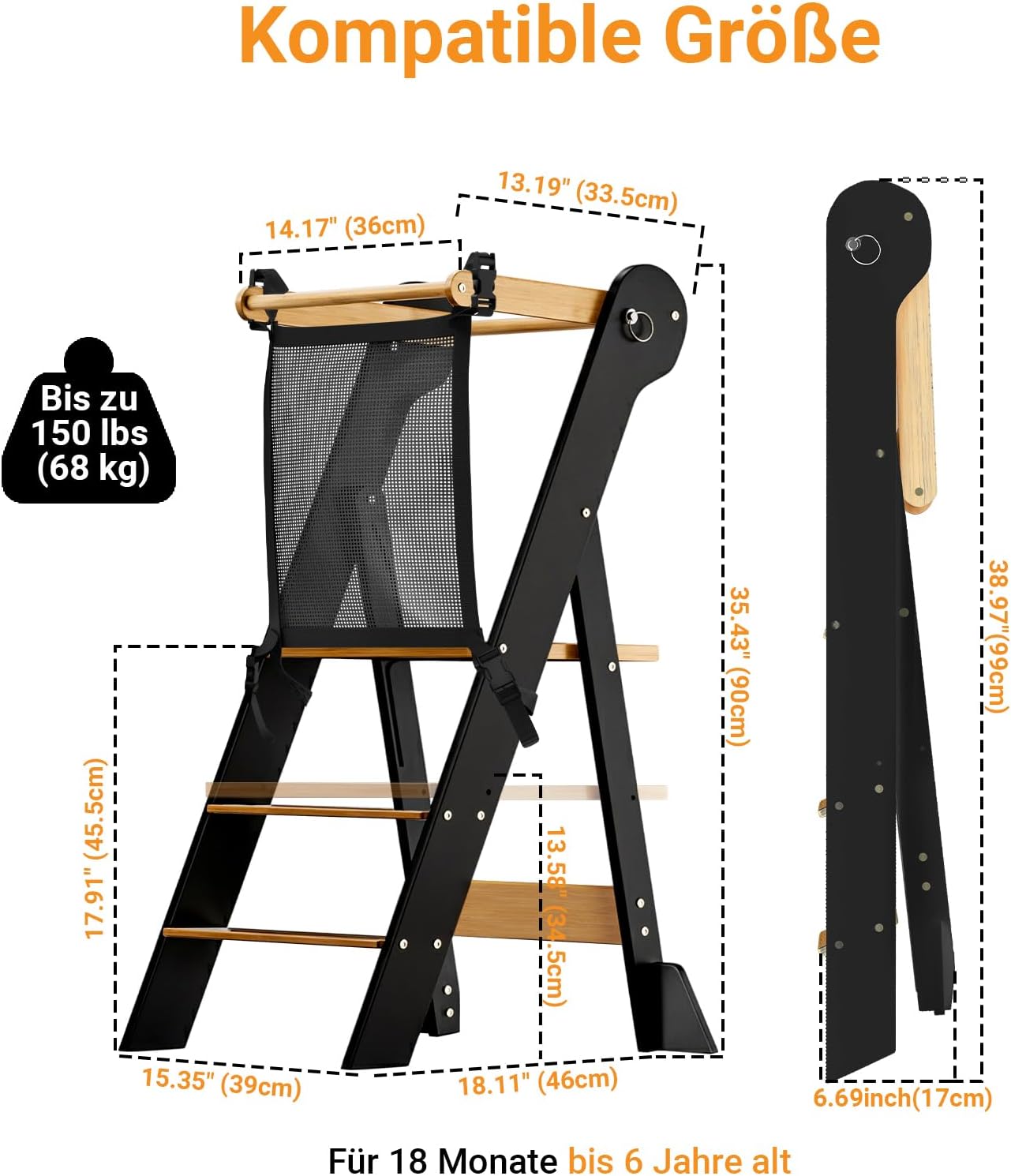 Montessori Lernturm klappbar und höhenverstellbar, L Schwarz & Natur