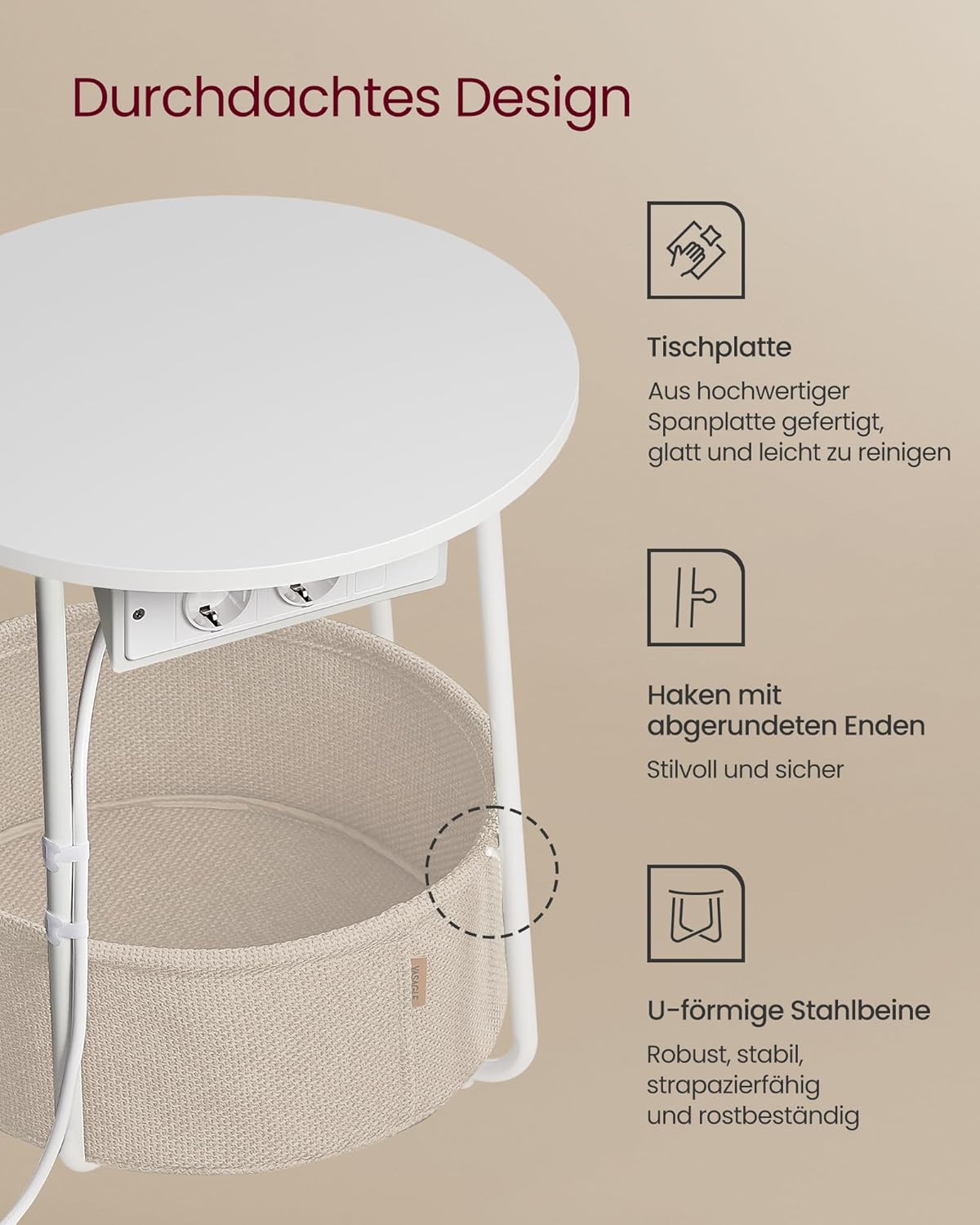 Runder Beistelltisch mit Steckdose und Stauraum, Mattweiss + Kamelbraun