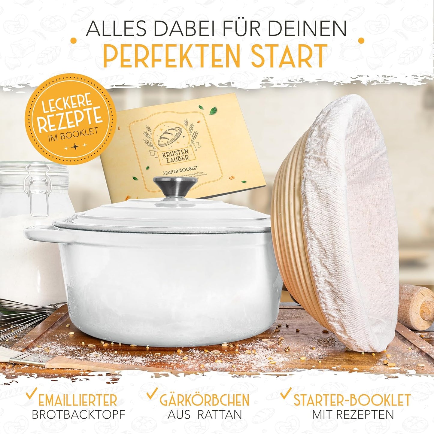 Brotbacktopf mit Gärkorb, Weiss Topf