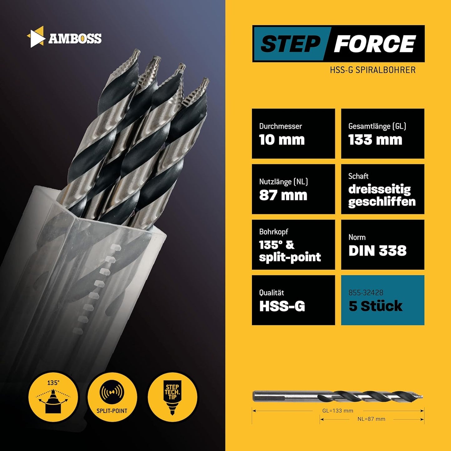 Step Force Spiralbohrer Set, Metall HSS-G / Ø 10mm HSS-G / STEP / DIN 338 / 5 Stk.