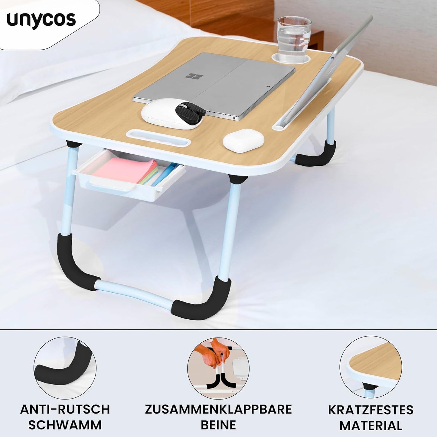 Klappbares Betttablett mit Schublade und Getränkehalter, Mit schublade Nussbaum mit Schublade