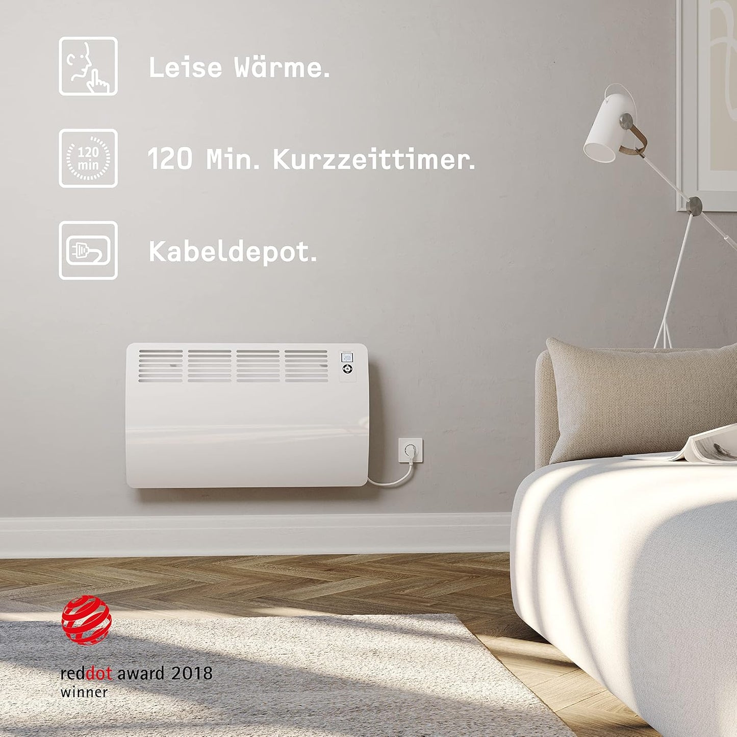 Wandkonvektor, für ca. 25 m² Aluminiumfront und 120.Min.-Timer Wandmontage 2024