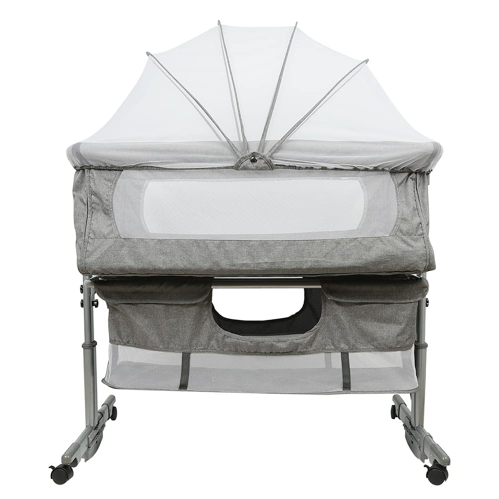 Babybett mit Moskitonetz und Wiegefunktion, 92*58*70-90 Cm(gris Foncé)