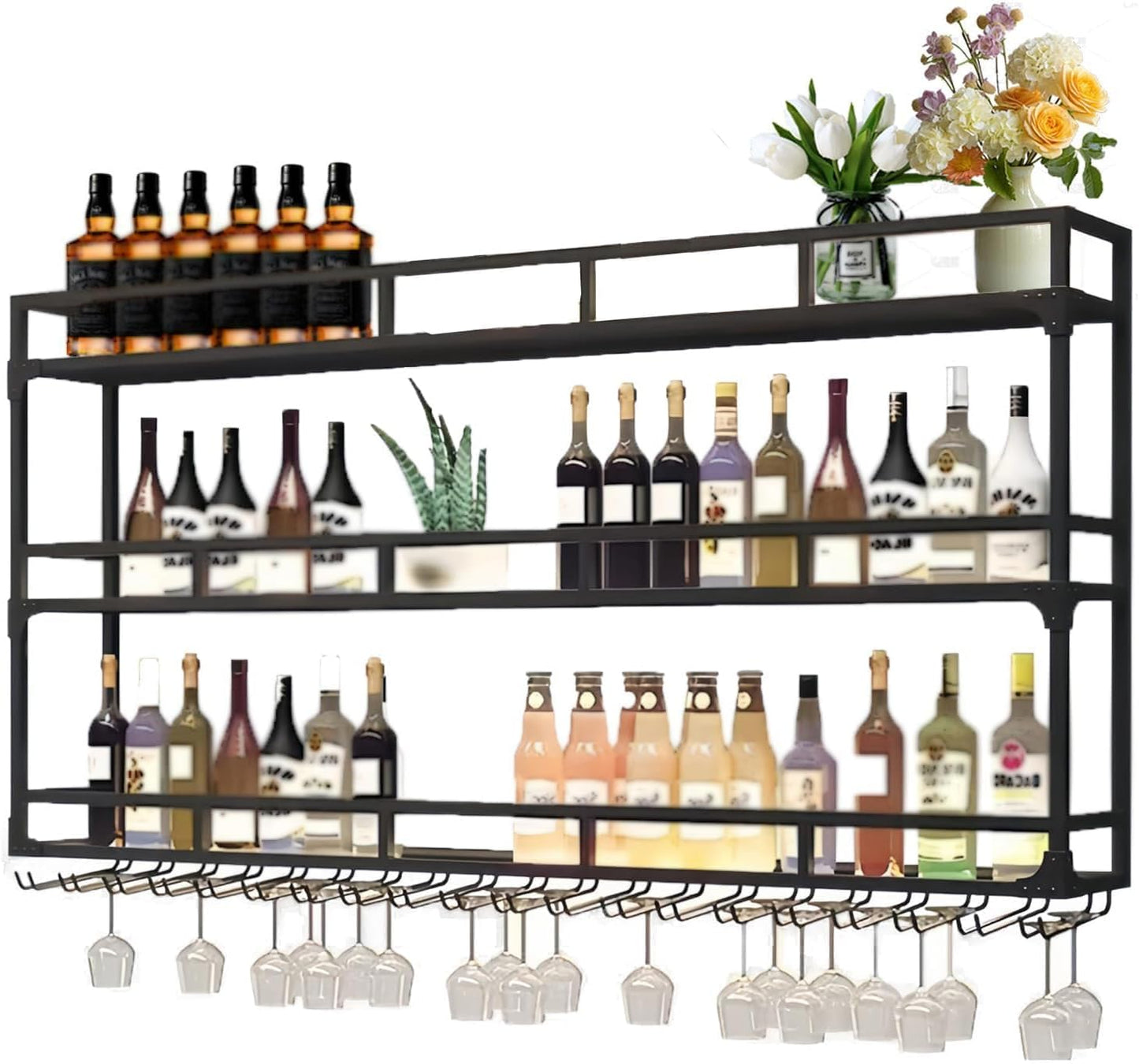 Weinregal mit Glashalter, Schwarz 100*25*90cm