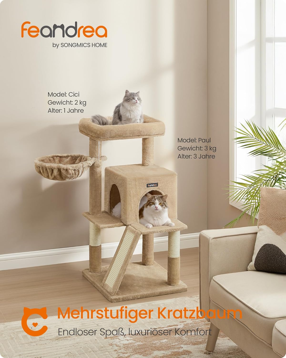 Katzenbaum mit Plattform und Höhle, kamelbraun