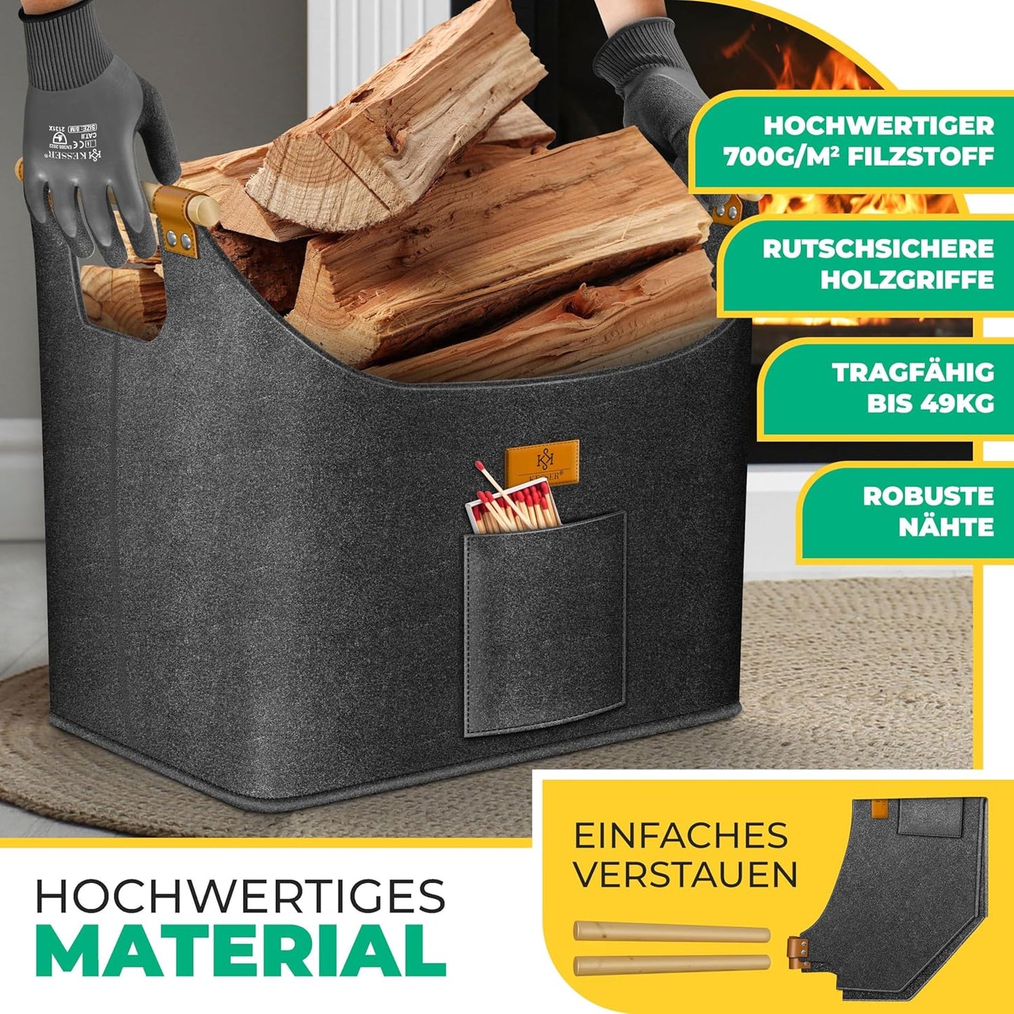 Faltbarer Brennholzkorb mit Holzgriffen und Aussentasche, 60 Liter Anthrazit