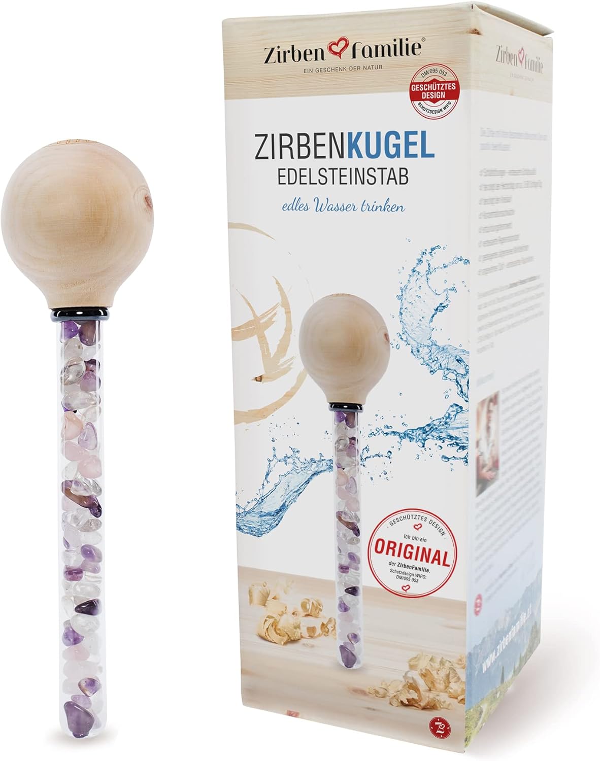 Edelsteinstab für Wasser mit Zirbenkugel (3 Edelsteine)