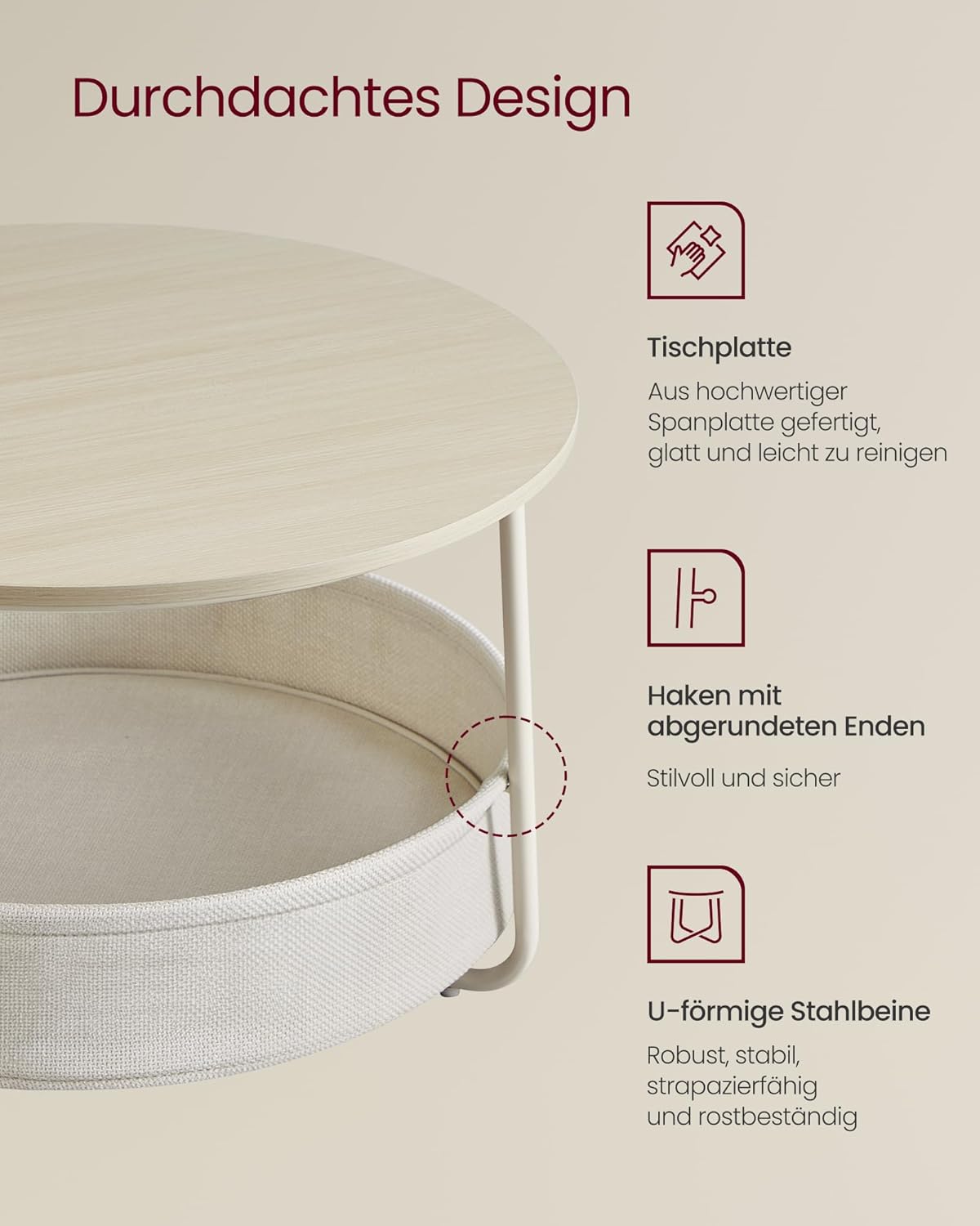 Runder Couchtisch mit Stauraum und Stoffkorb, Naturbeige + Cremeweiss rund