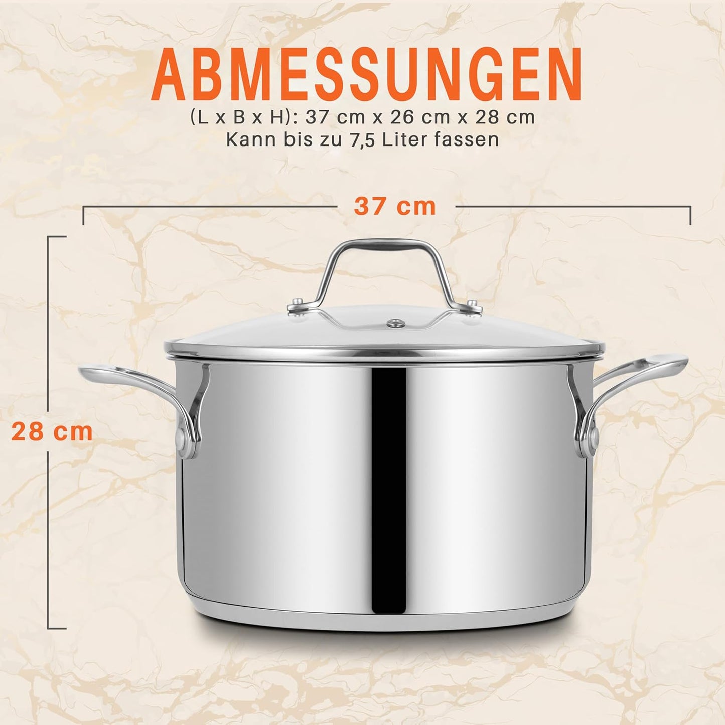 Grosser Suppentopf mit Glasdeckel, 8 Liter Silber