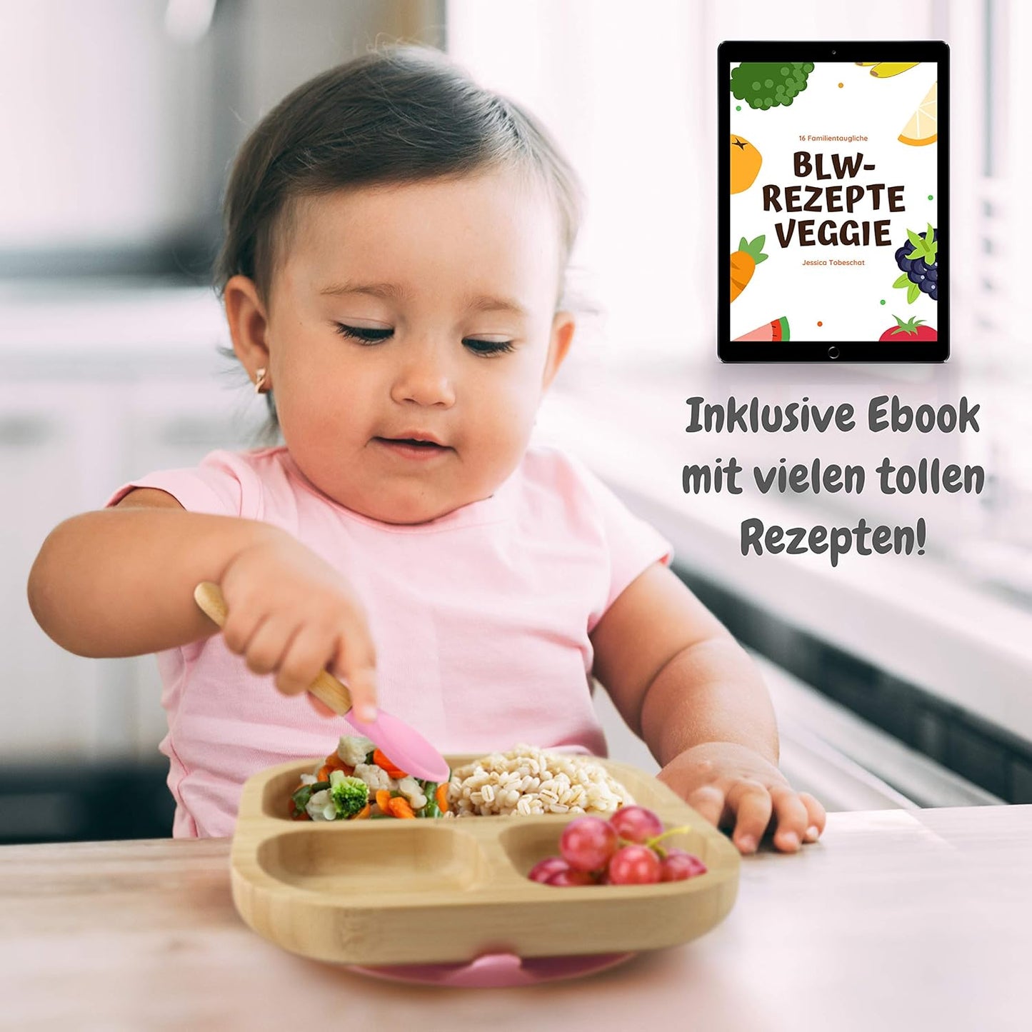 Kinderteller mit Saugnapf aus Bambus, Pink