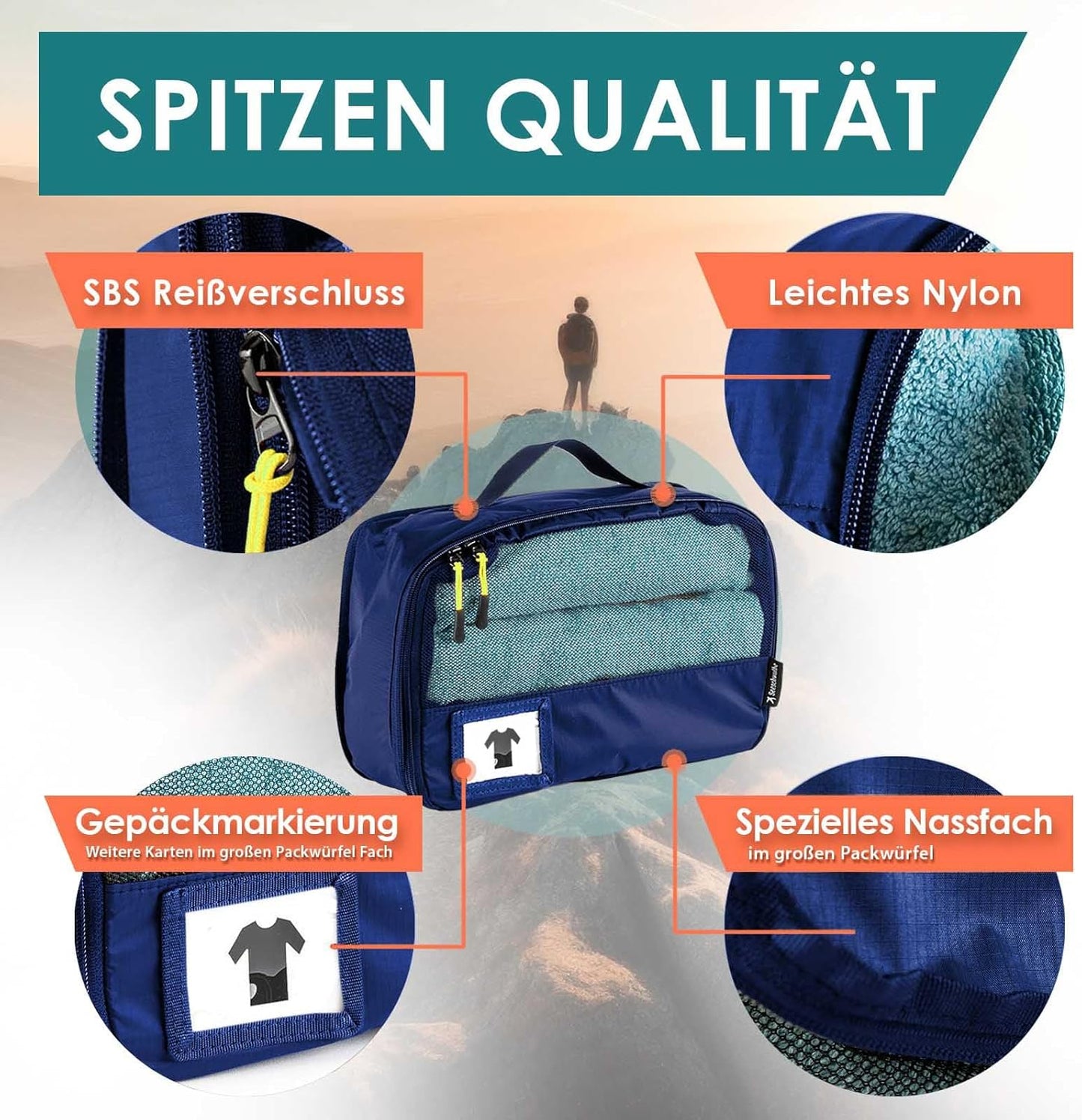 6-teiliges Packwürfel-Set mit Kompression, Blau 6-teiliges Set