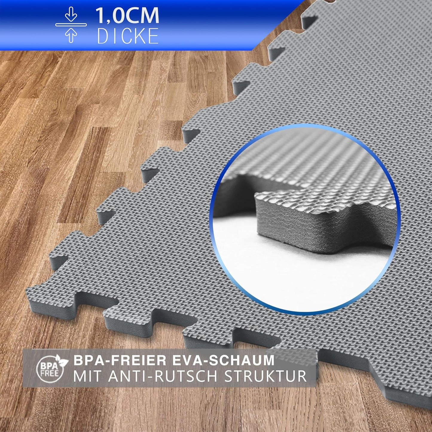 Bodenschutzmatte für Fitness & Heimtraining, 12 Stück = 4.32 M² - Grau