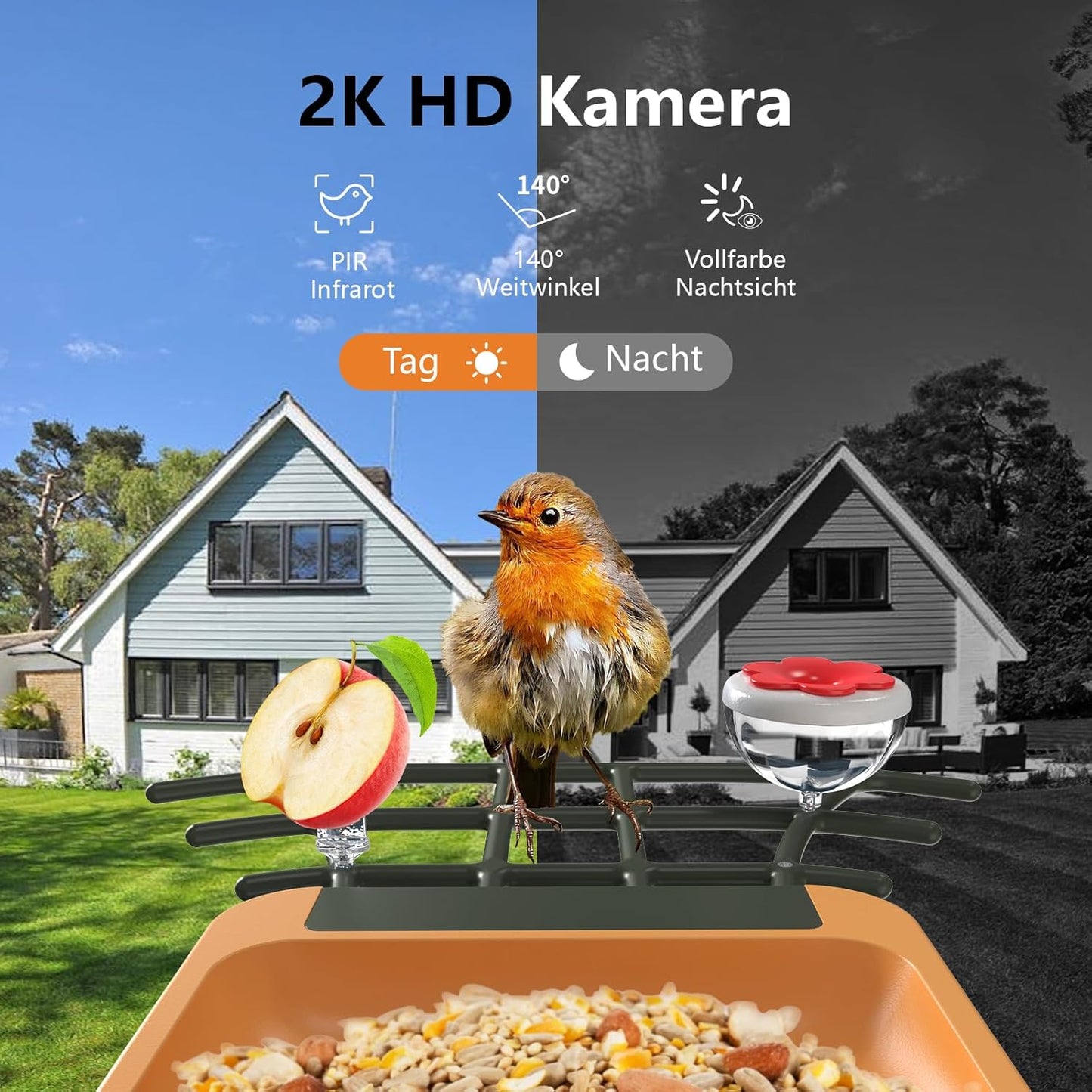 Vogelfutterhaus mit 2K HD Kamera und Nachtsicht, Orange
