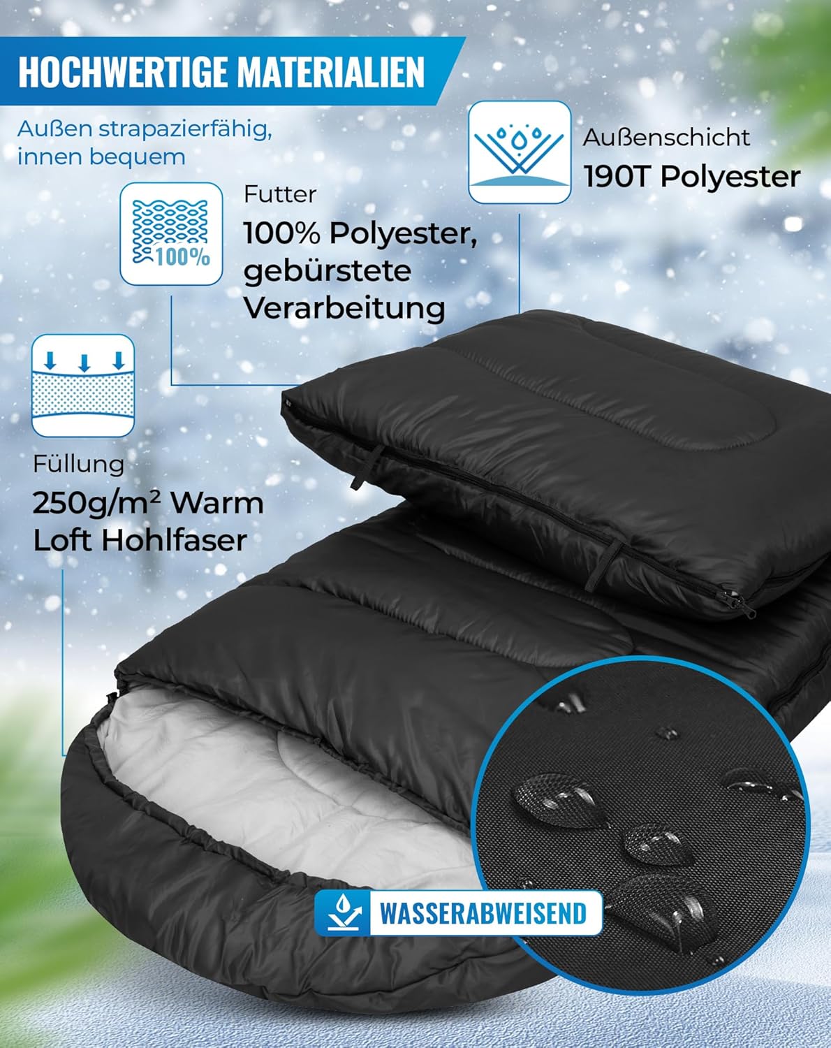 Wasserdichter Flanell-Schlafsack, Schwarz R Zip 220×75cm