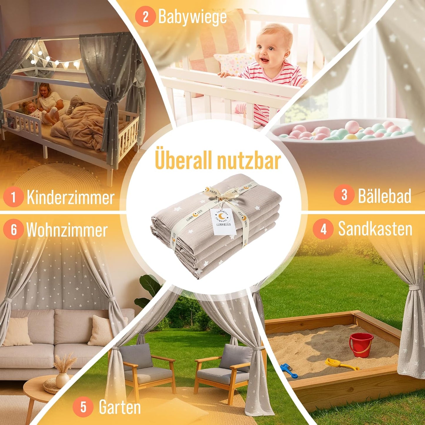Hausbett Himmel-Set mit Sternendruck und Wimpelkette, Beige Sterne H320 x B130 cm (2er Set)