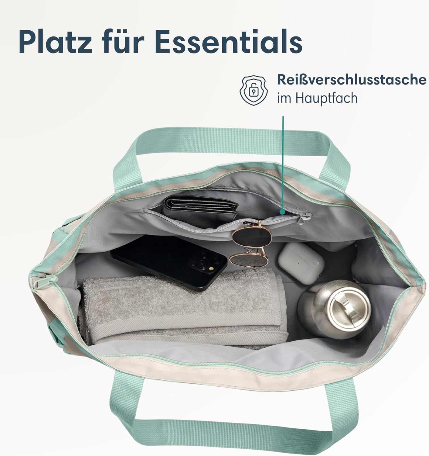 Grosse Strandtasche Linn mit Reissverschluss, Mint