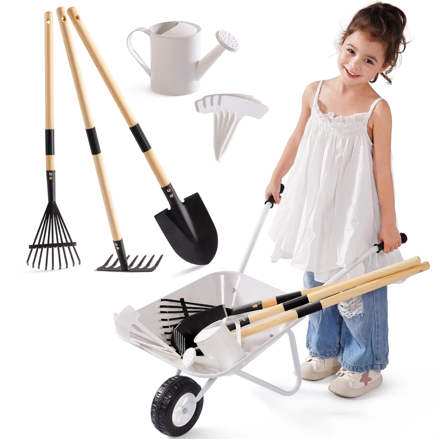 Kinder-Gartenset mit Metallschubkarre, Grau
