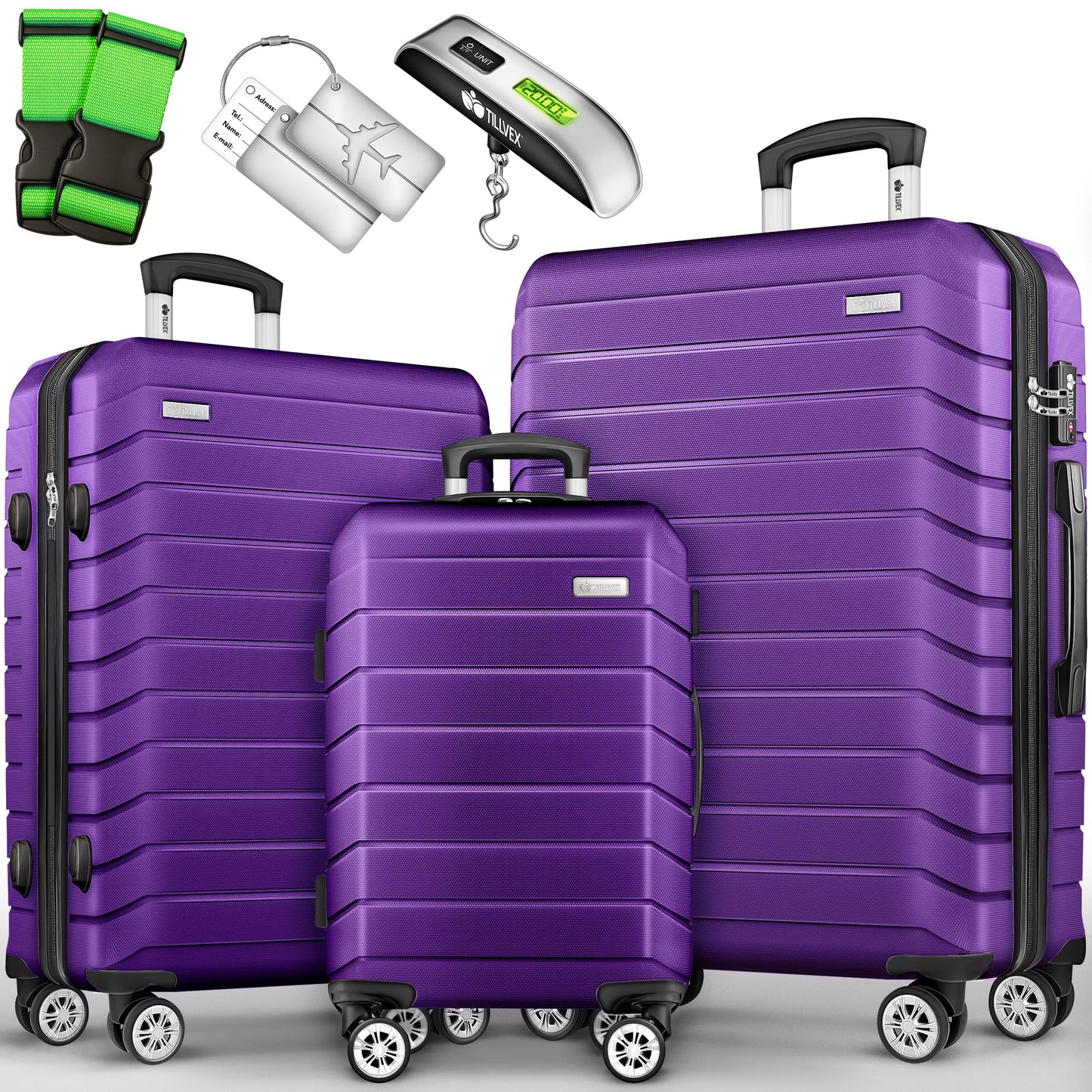 Reisekoffer-Set mit Gepäckwaage (3-teilig), Lila Kofferset 3tlg
