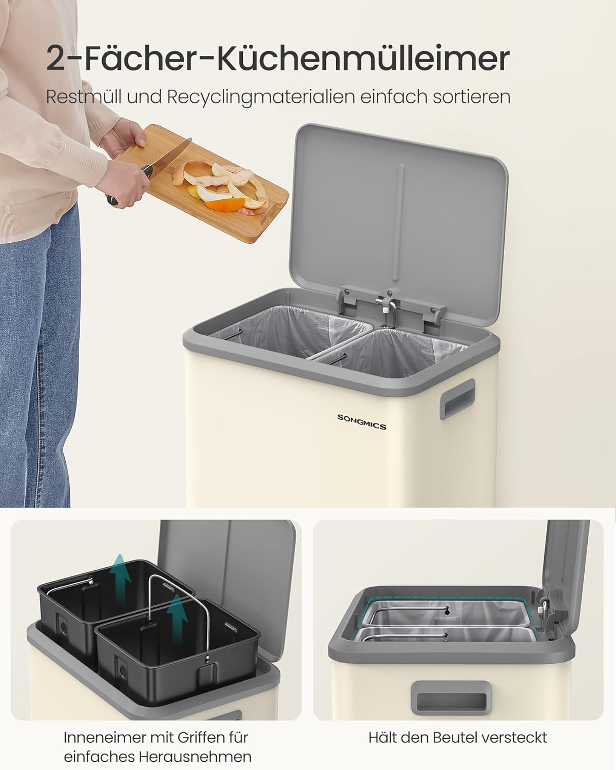 Mülltrennsystem mit Softclose-Deckel, sandbeige