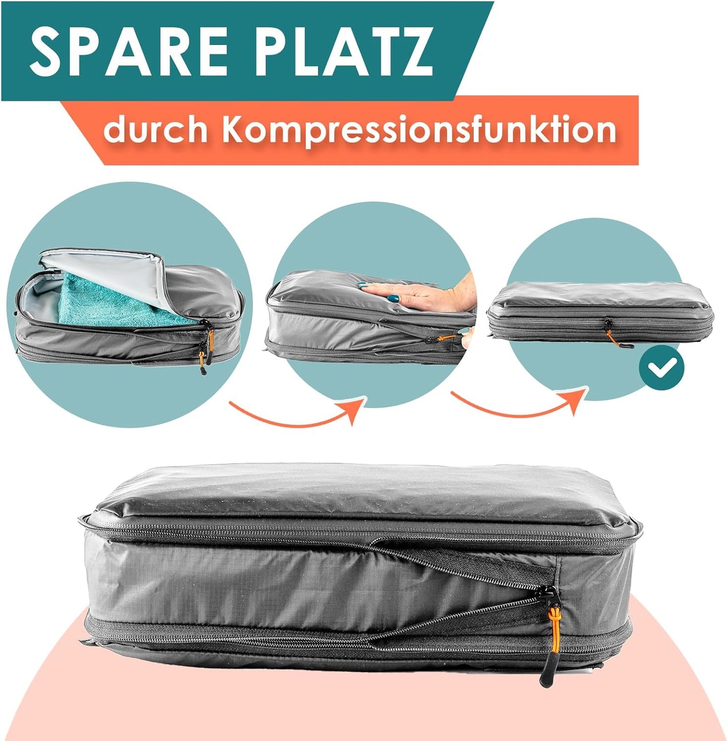 6-teiliges Packwürfel-Set mit Kompression, Grau 6-teiliges Set
