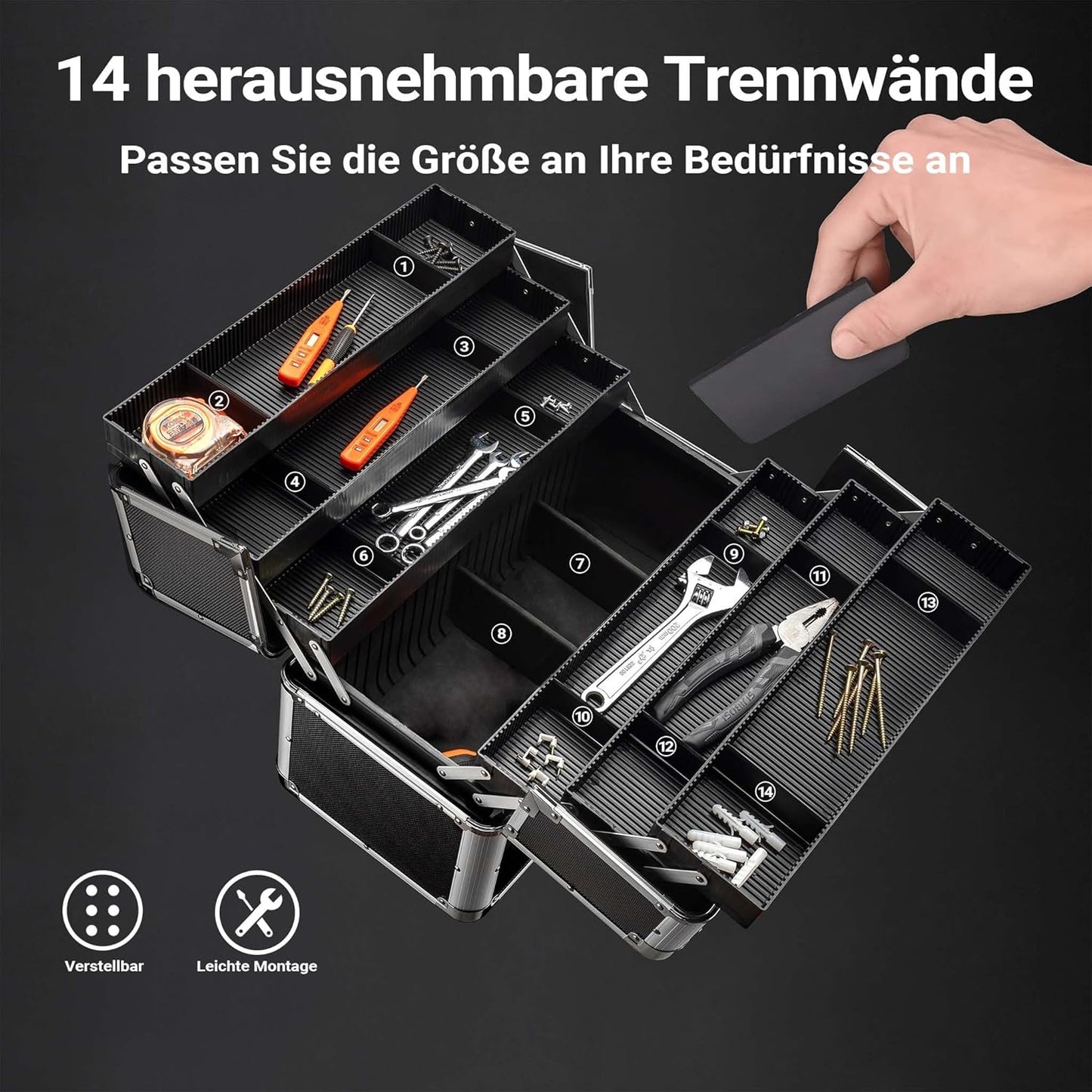 Alu Transportkoffer mit Innenaufteilung, Schwarz 7-XL