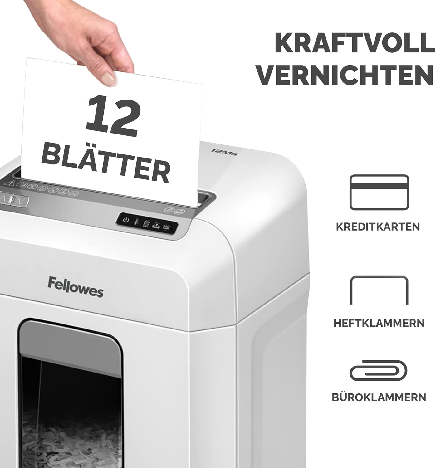 Aktenvernichter 12Ms, Single 12MS – 12 Blatt – Mini Cut – 23 Liter Papierkorb, 23-Liter-Auffangbehälter, Weiss