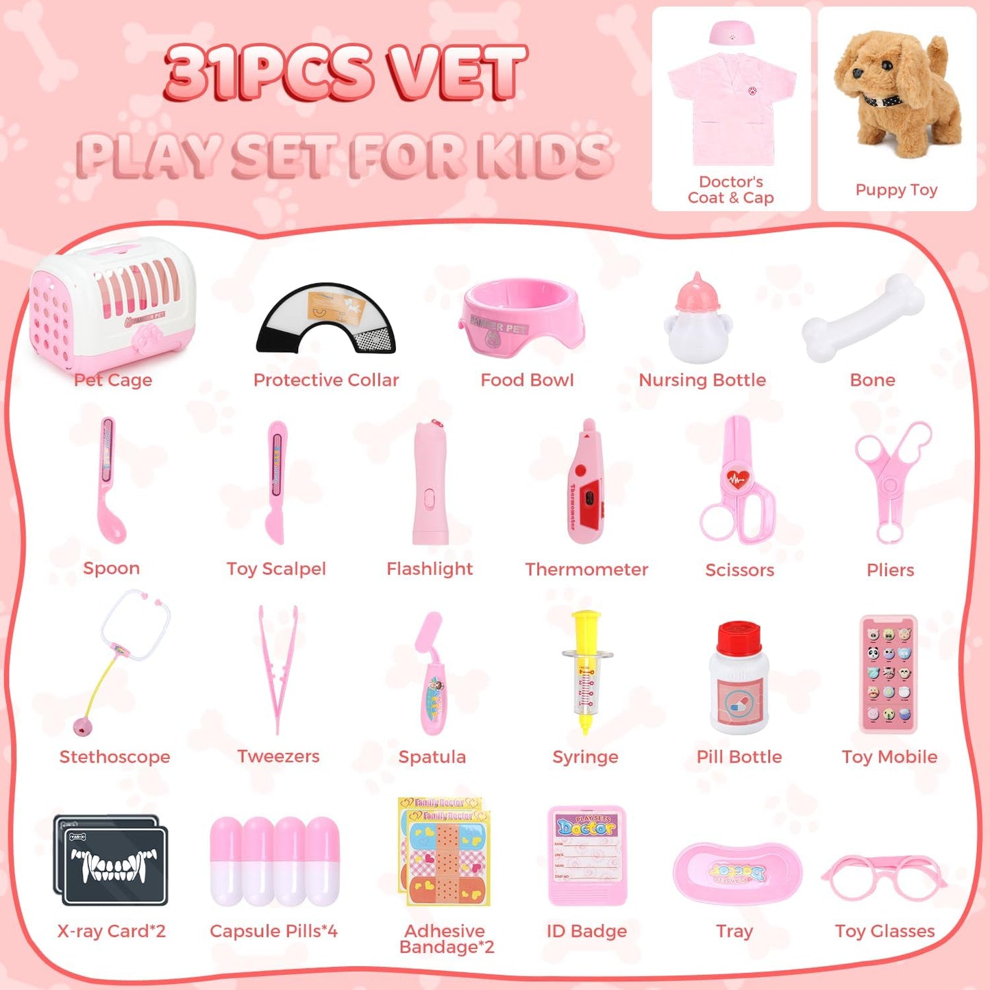 Tierarzt-Spielset mit interaktivem Hund, 31PCS Pink