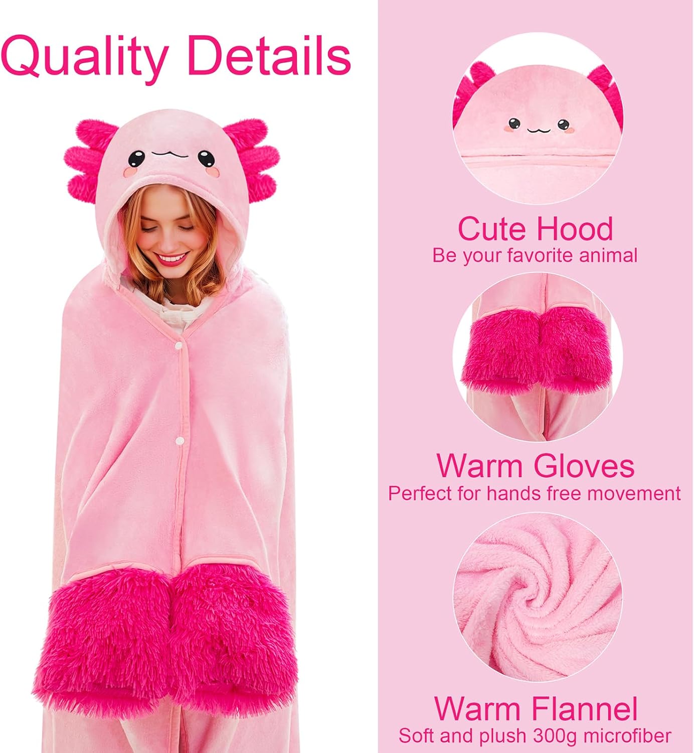 Tragbare Hoodie Kuscheldecke mit Kapuze und Handschuhen, Axolotl