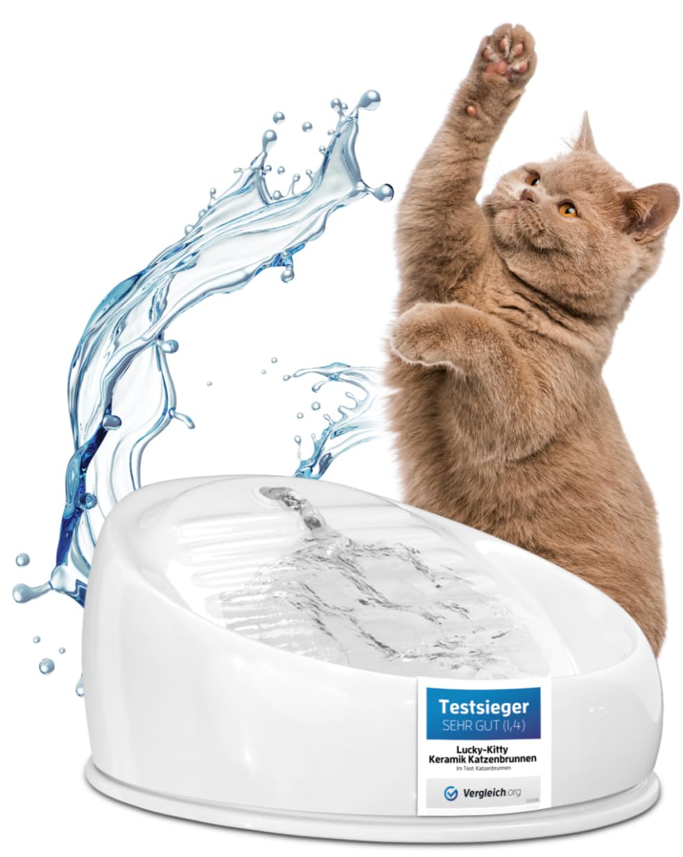 Keramik Katzen-Trinkbrunnen, hygienisch & leise, Weiss