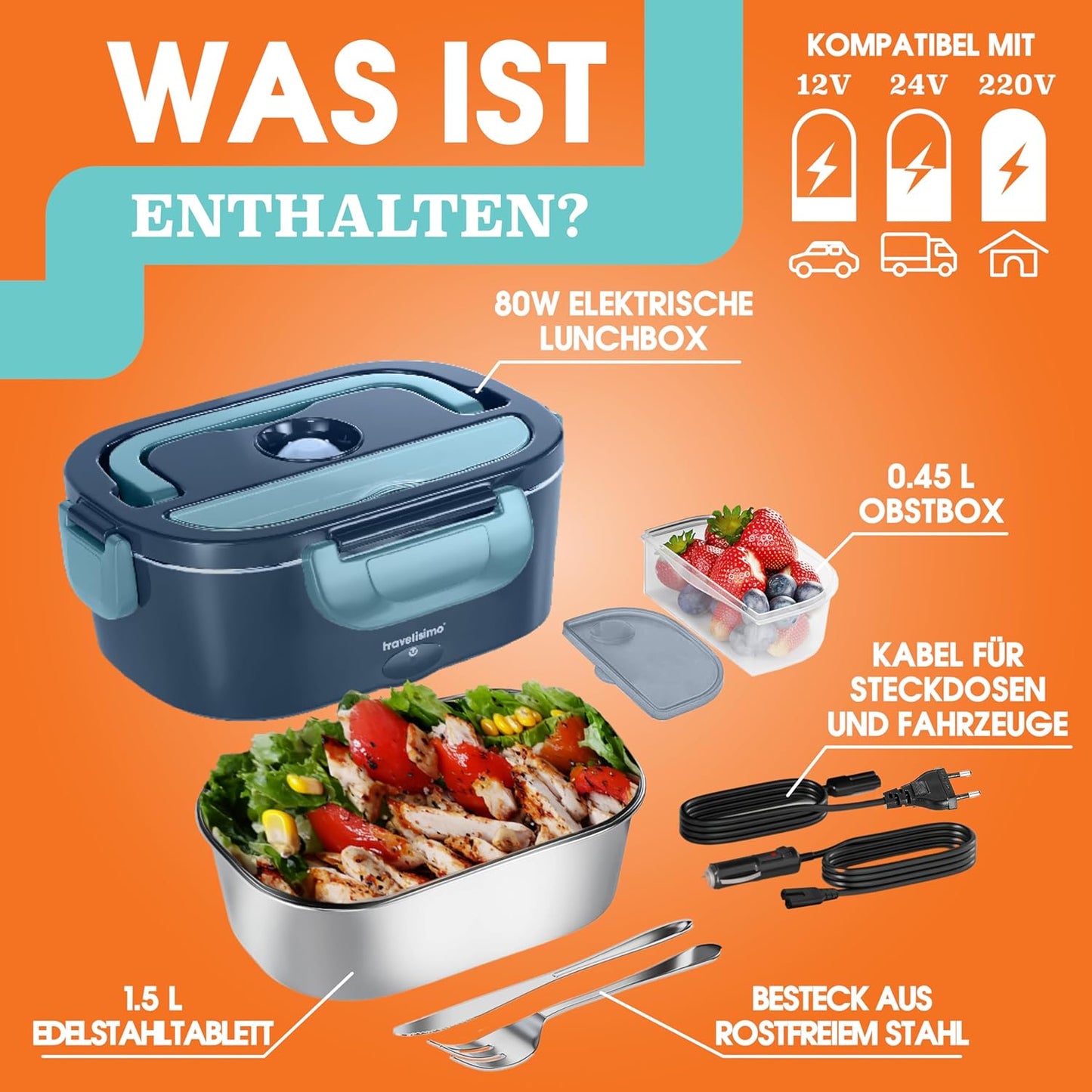 3-in-1 elektrische Lunchbox inkl. Besteck, Sockelkabel & Autokabel, Dunkelblau