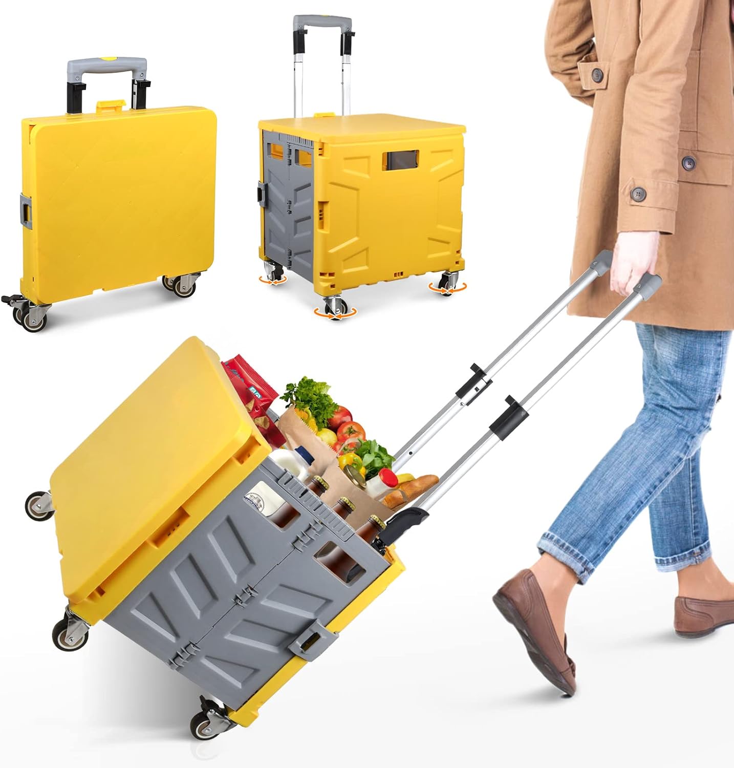 Klappbarer Einkaufstrolley mit Schnappdeckel, Gelb Grau