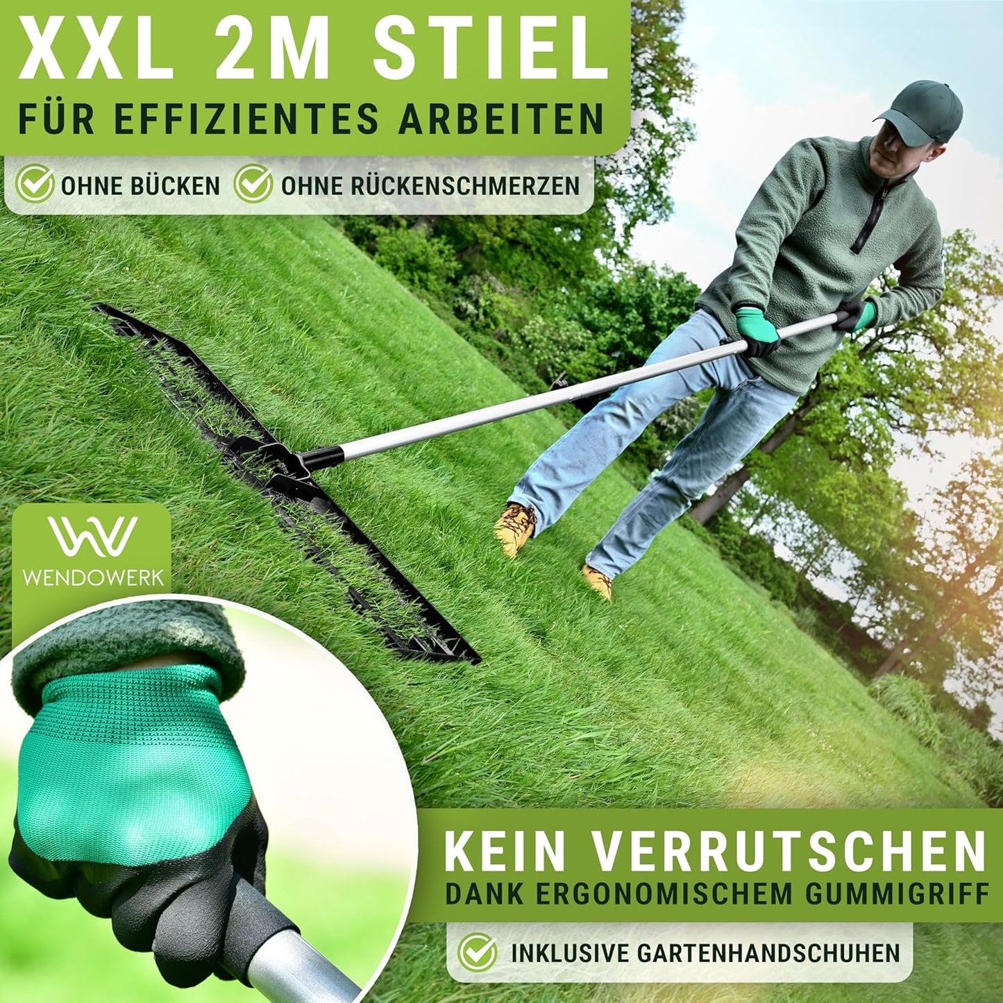Rasennivellierrechen 80x30 cm mit langem Stiel & Handschuhen, Schwarz