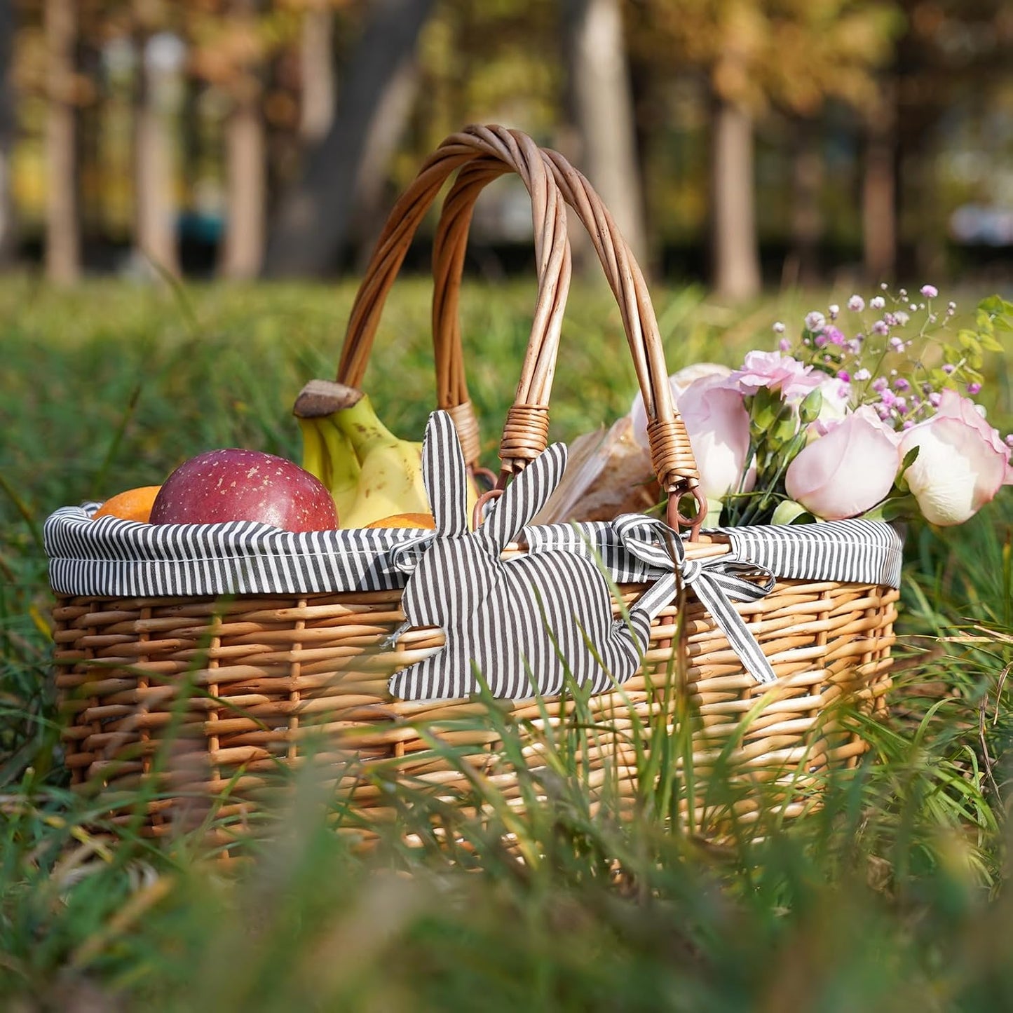 Picknickkorb mit Doppelfaltgriffen, Graue Streifen