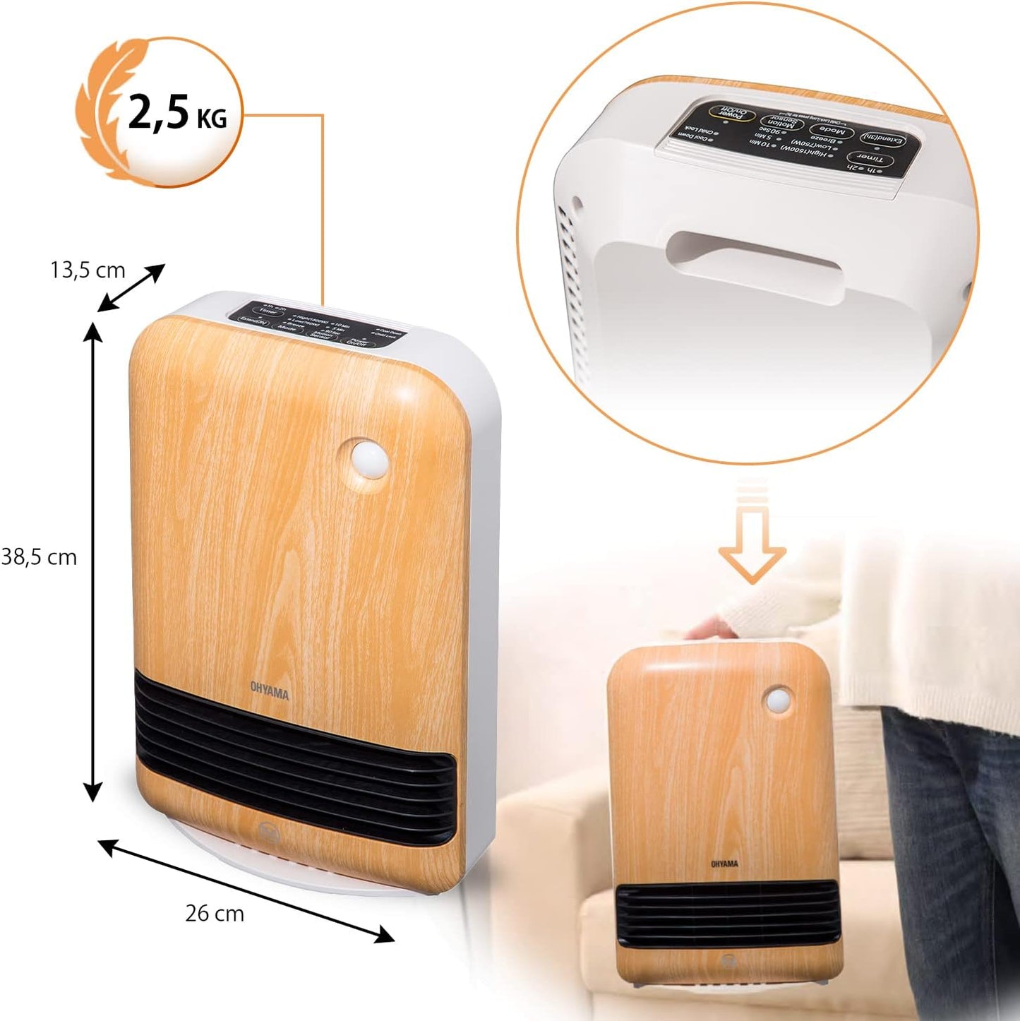 Keramik Heizlüfter mit Bewegungsmelder, 1500W, Timer, Holz