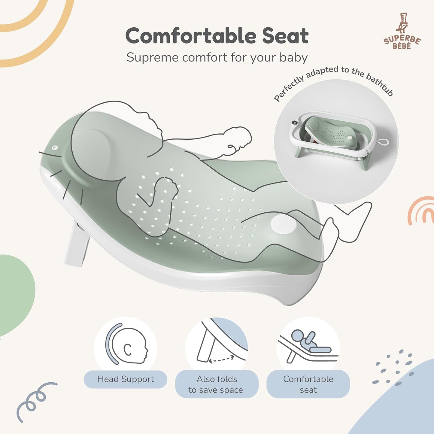 Faltbare Baby-Badewanne mit Badethermometer, Babywippe GRÜN