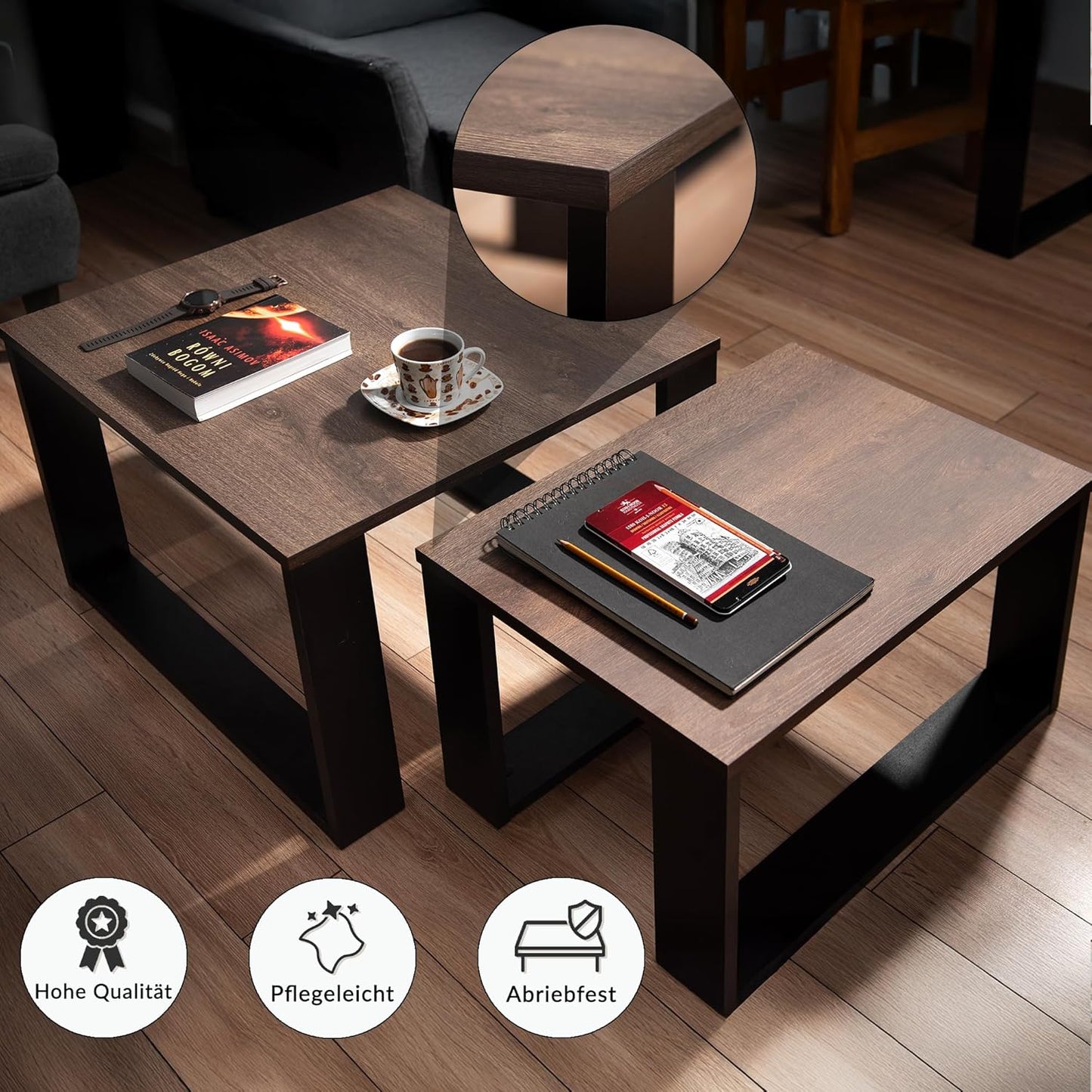 2er-Set Couchtisch, Braune Eiche