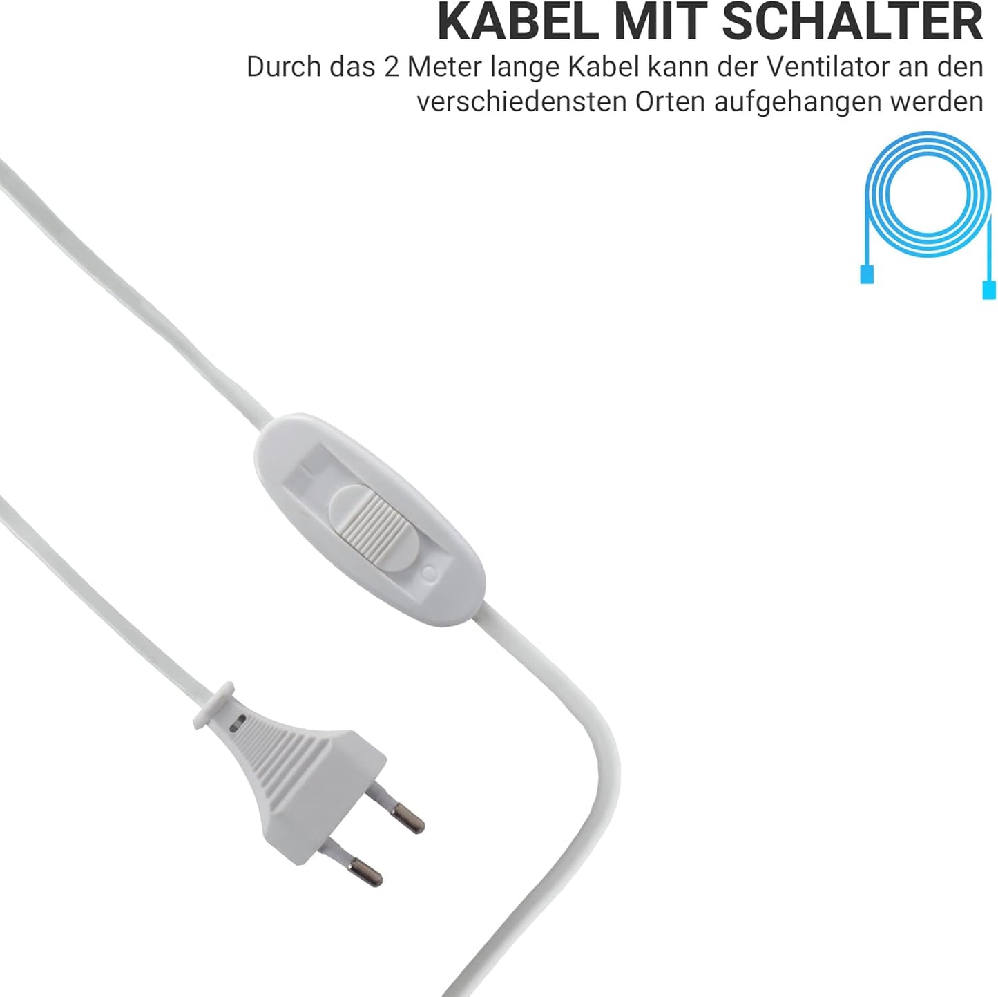 Mobiler Deckenventilator mit Schalter und Aufhänger, Weiss